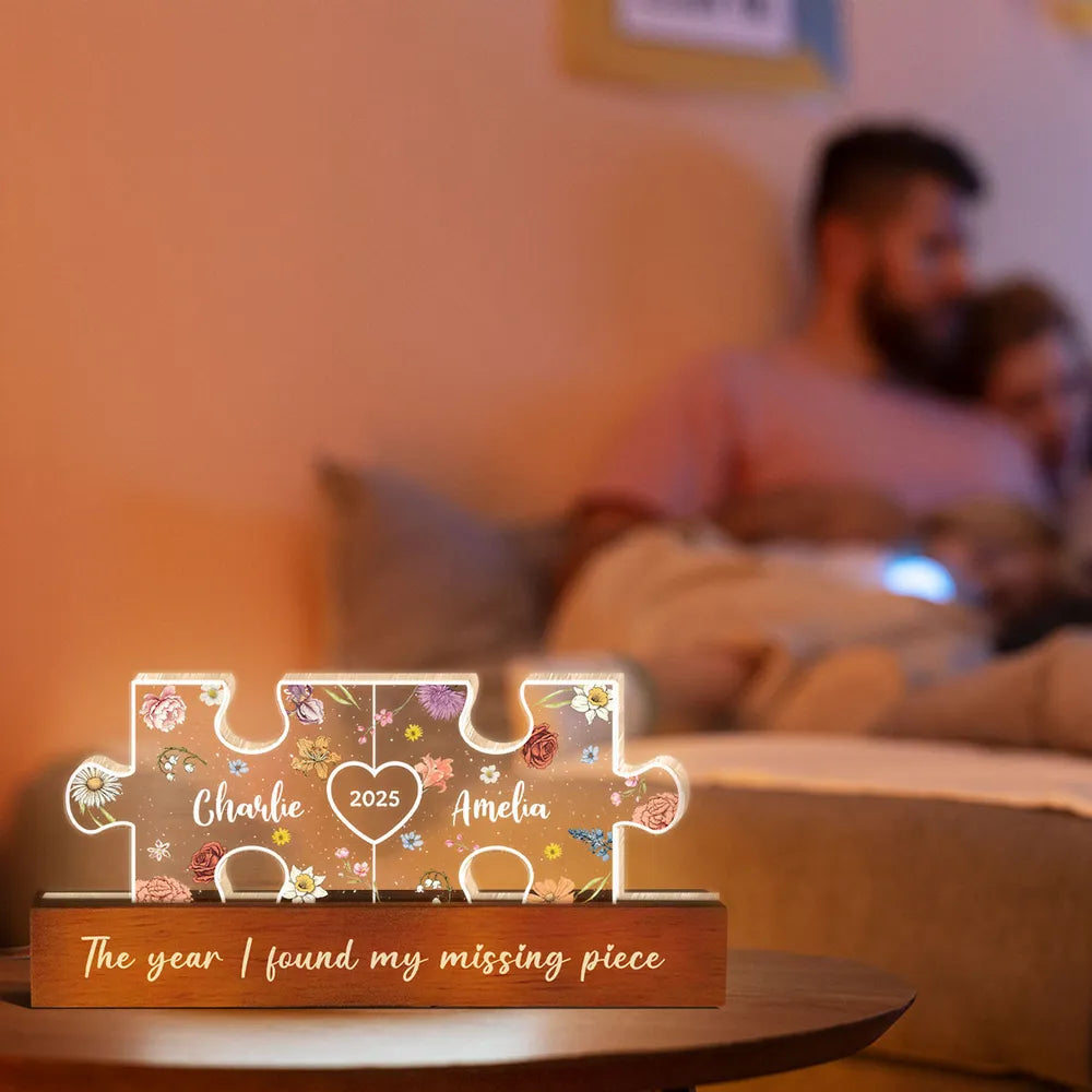 You Are My Missing Piece Couple Initials Floral Theme Personalized Acrylic LED Night Light