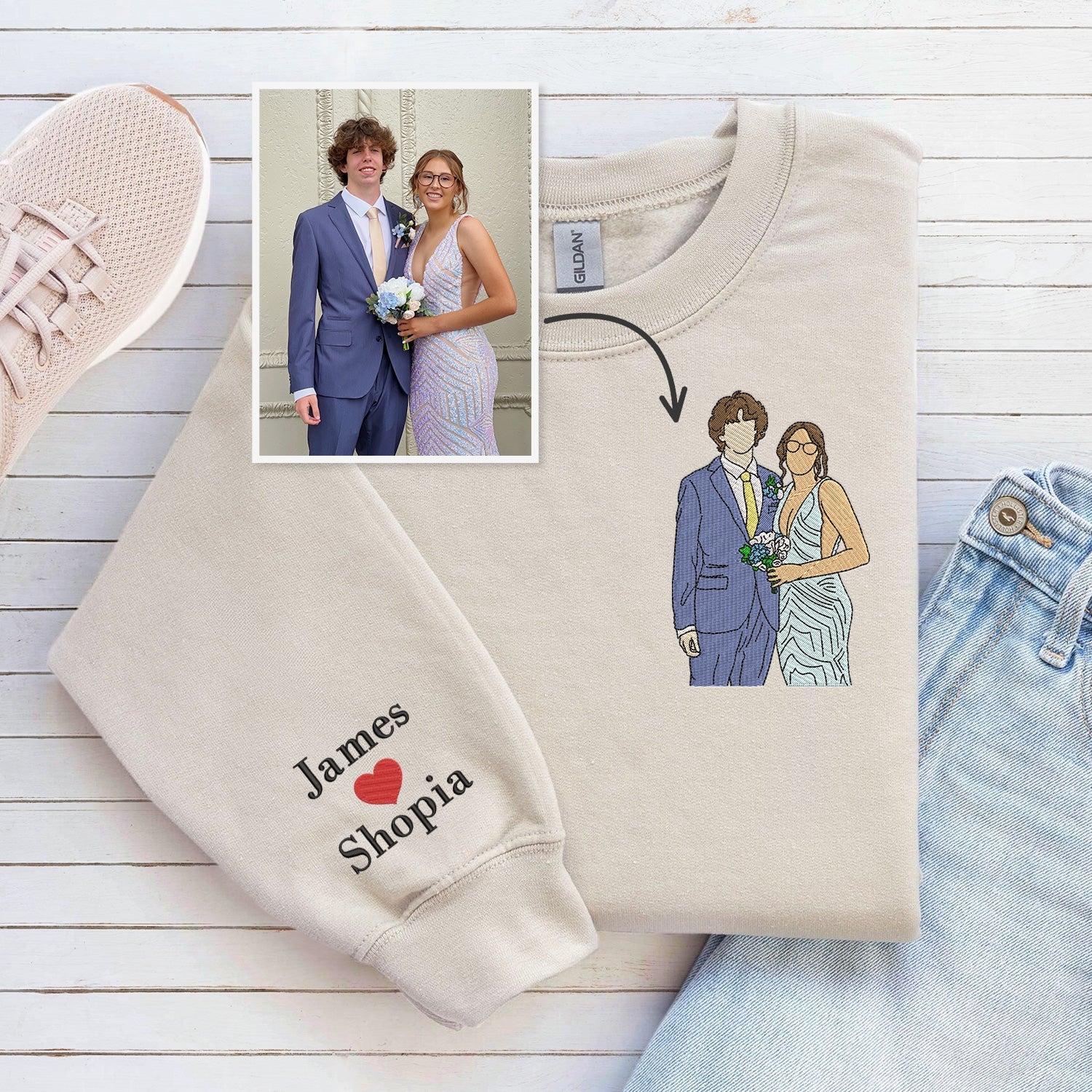 Custom Embroidered Couple Art Drawing Gift, Portrait From Photo, Embroidered Sweatshirt, Valentine Personalized, First Anniversary Gift