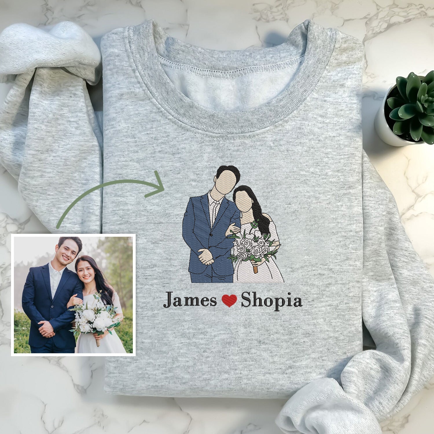 Custom Embroidered Couple photo, Portrait Wedding gifts, Embroidered Sweatshirt, Valentine Personalized, First Anniversary Gift