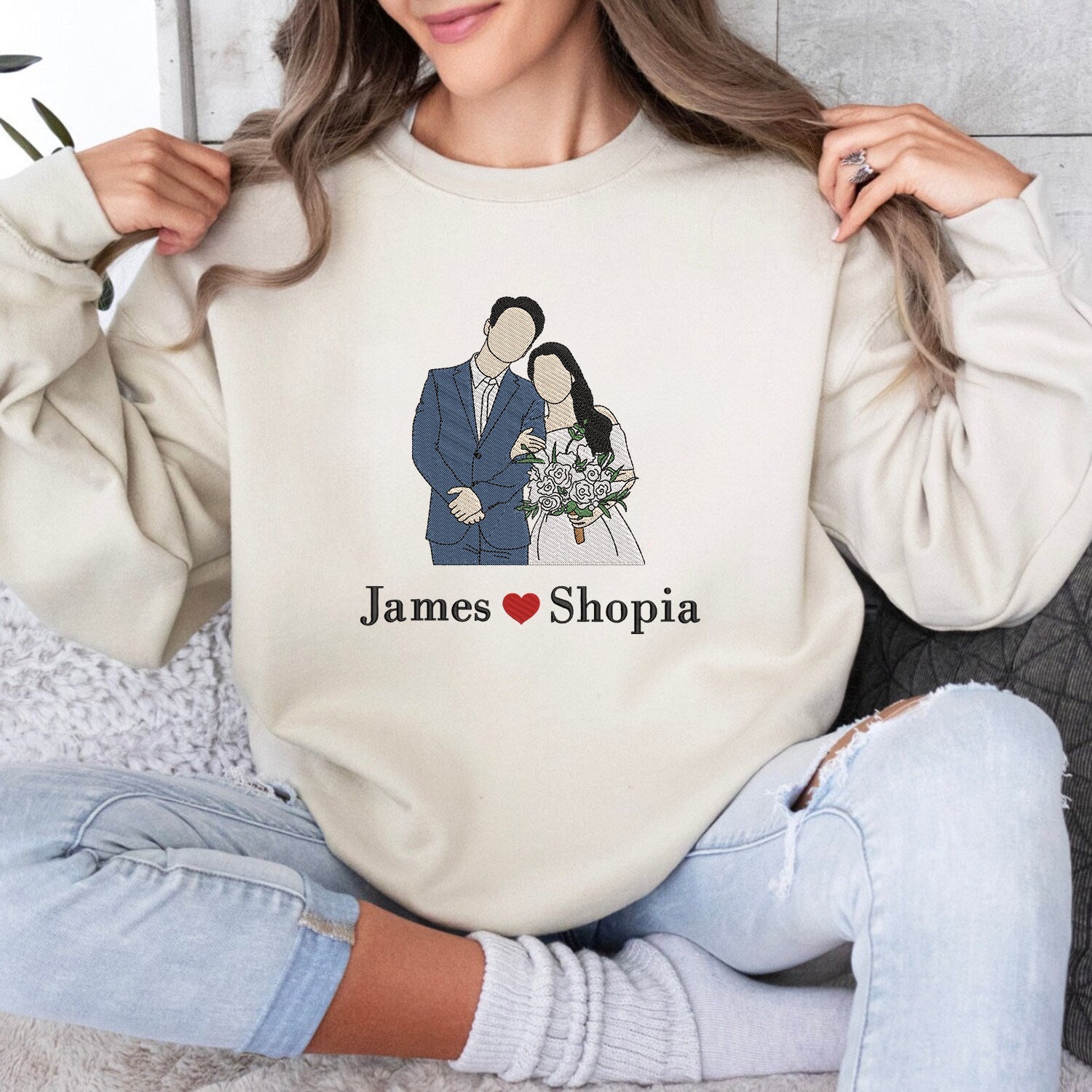 Custom Embroidered Couple photo, Portrait Wedding gifts, Embroidered Sweatshirt, Valentine Personalized, First Anniversary Gift