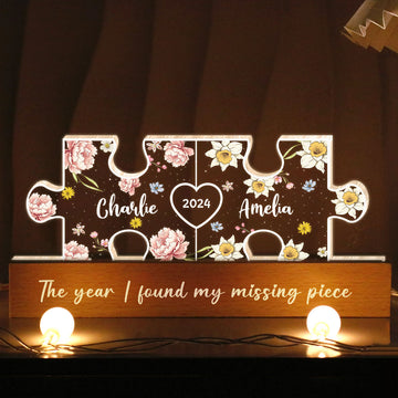 You Are My Missing Piece Couple Initials Floral Theme Personalized Acrylic LED Night Light