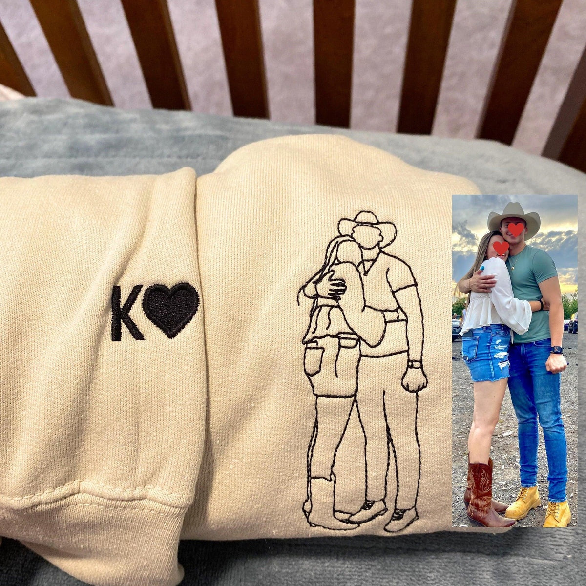 Custom Embroidered Hoodies for Couples - Matching Outline Portrait from Photo