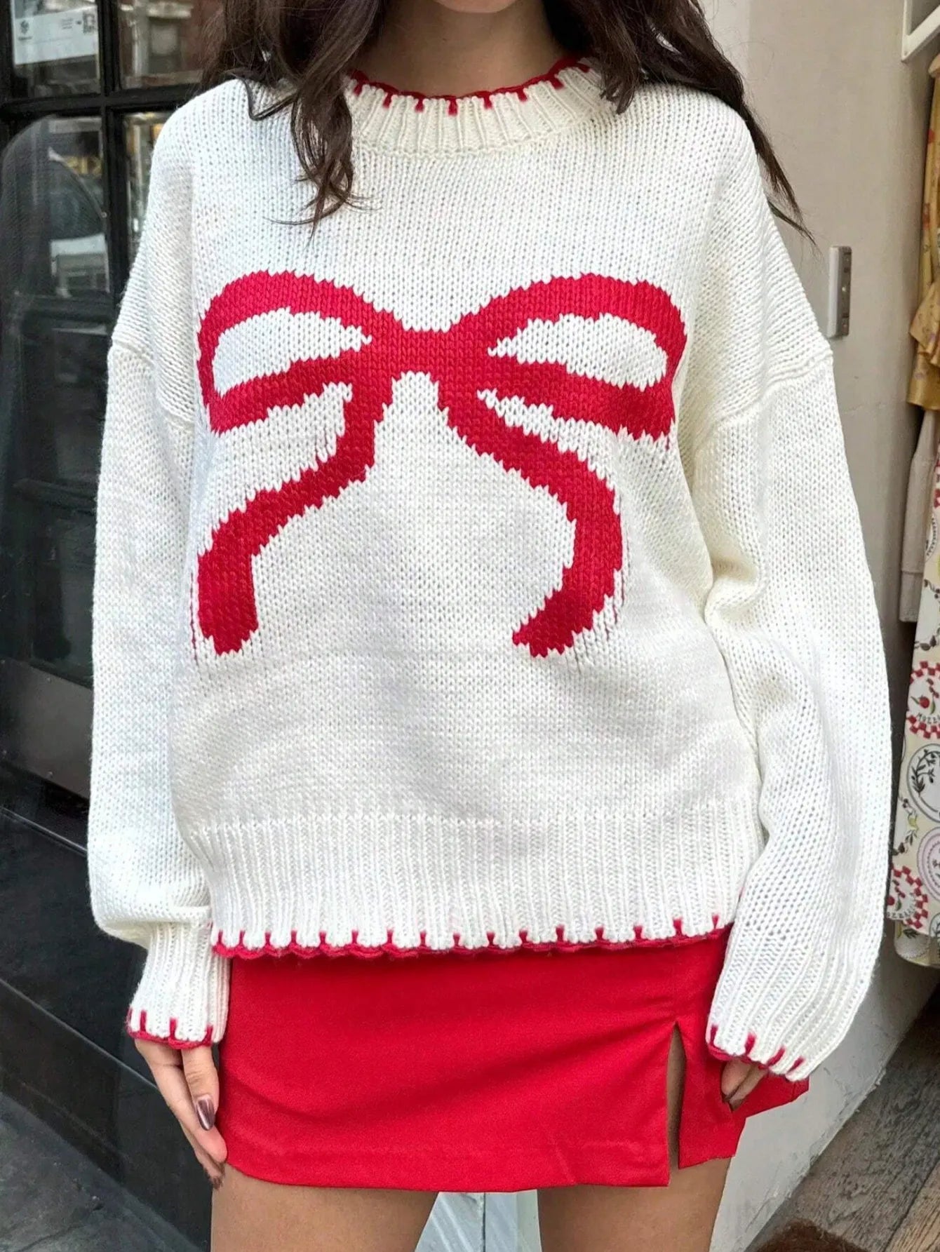 Cream Red Bow Knitted Sweater