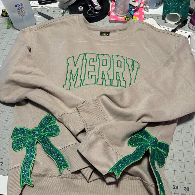 Personalized Green/Red Merry Christmas Bow Side Sweatshirt