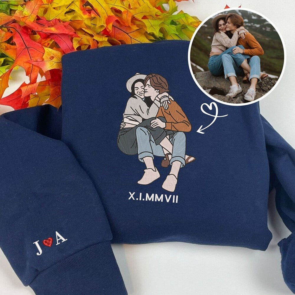 Custom Embroidered Portrait Sweatshirt - Personalized Portrait from Your Photo, Embroidered Design with Roman Numerals