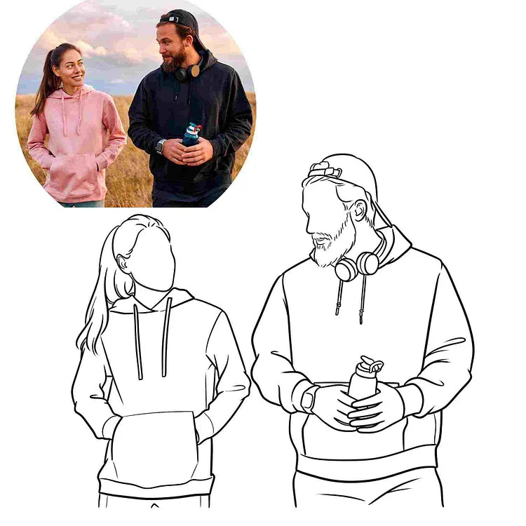 Custom Embroidered Hoodies for Couples - Matching Outline Portrait from Photo