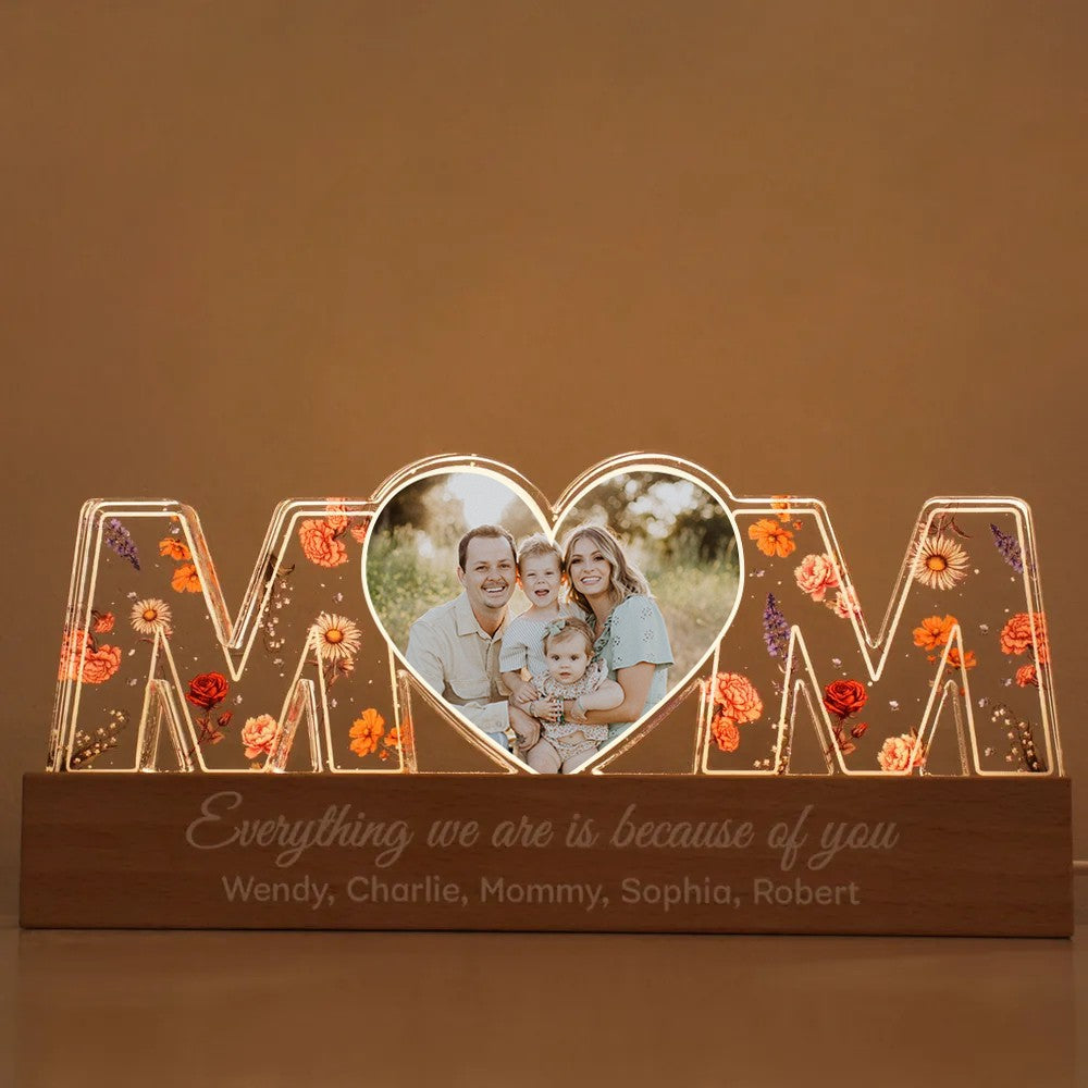 Customized Flower Print Photo LED Night Light, Birthday Flower, Gift For Mom (Customized free)