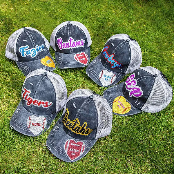 Personalized Sport Ponytail Cap Adjustable Band Hat with Glittering Name and Number Gift for Ball Sports Lover