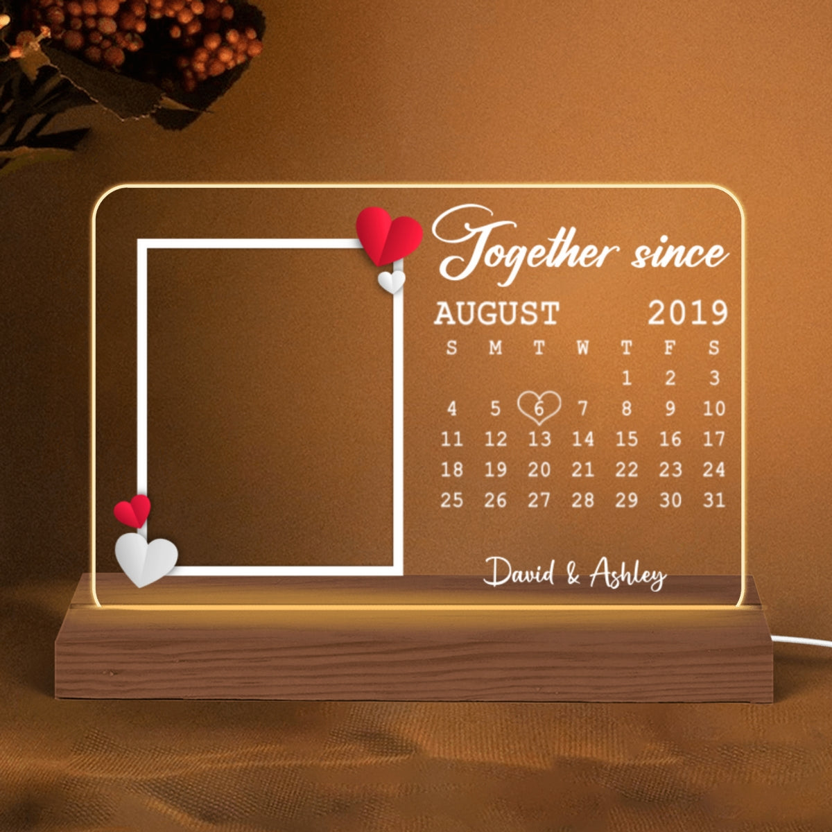 Couple Photo Anniversary Date Calendar Personalized Rectangle Shape Acrylic Plaque With LED Night Light