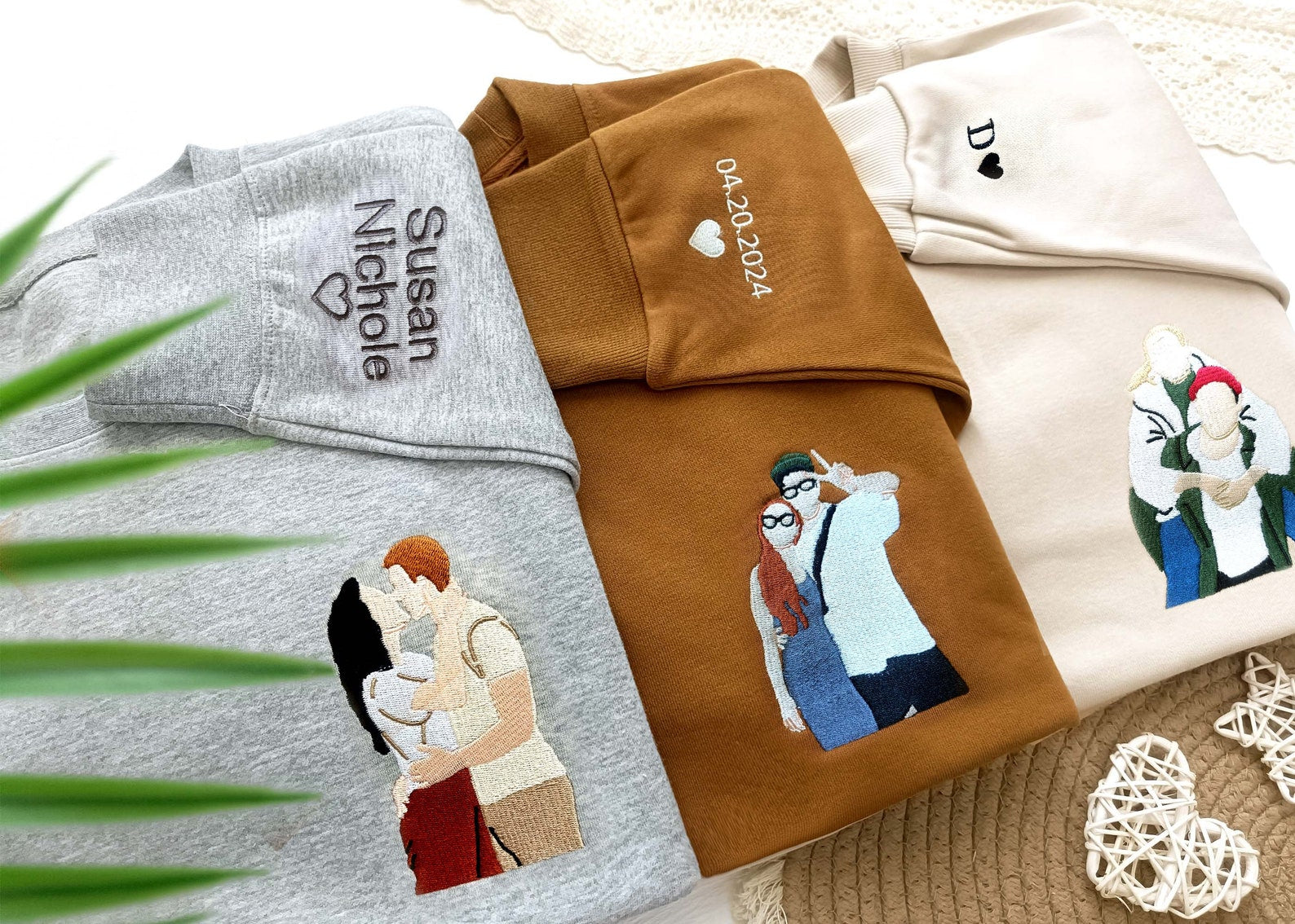 Custom Couple Embroidered Sweatshirts, Custom Embroidered Hoodies, Custom Photo Portraits