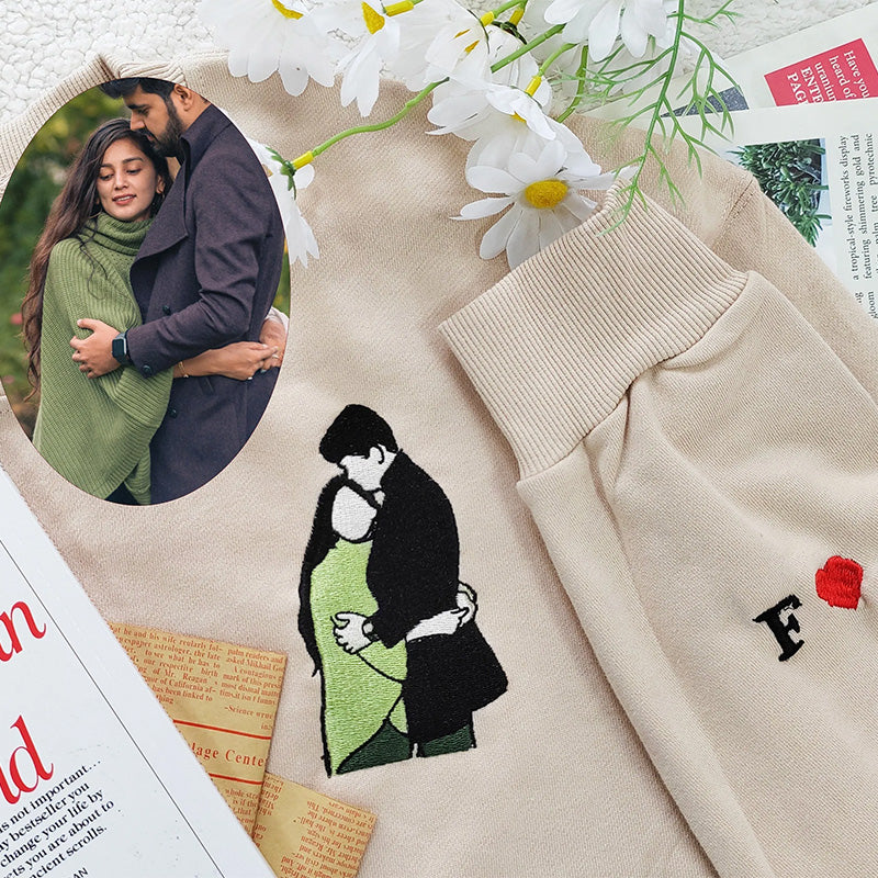 Custom Photo Portrait Embroidered Sweatshirt Couple Hoodie