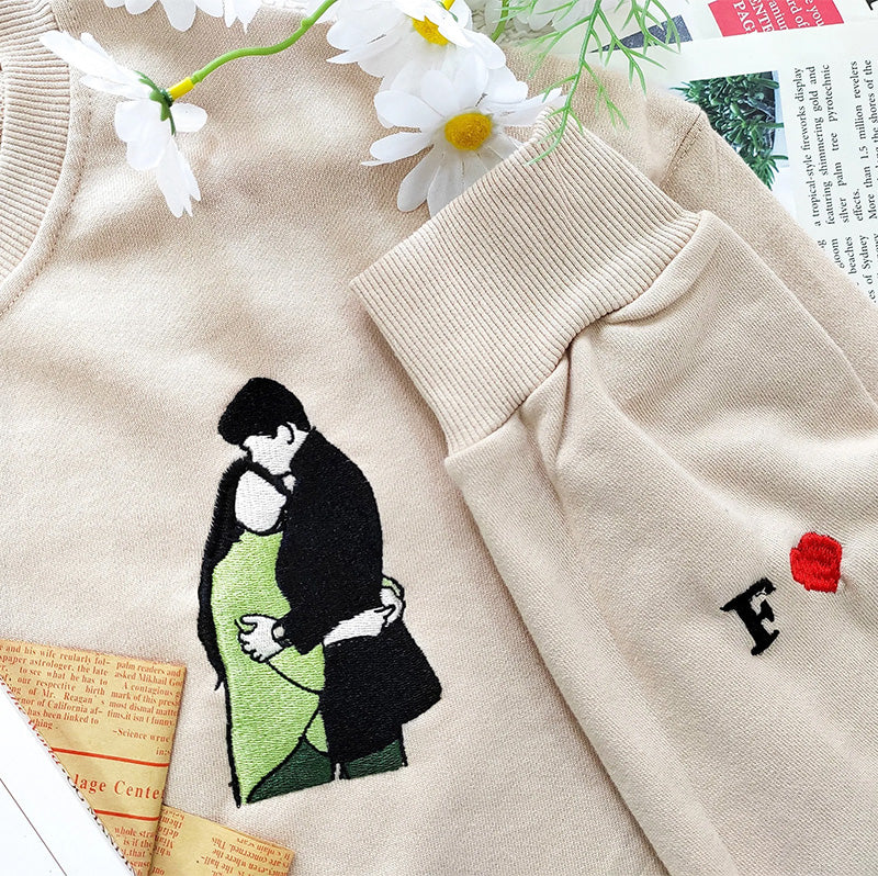 Custom Photo Portrait Embroidered Sweatshirt Couple Hoodie