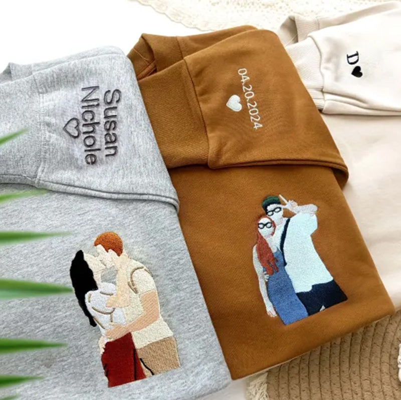 Custom Couple Embroidered Sweatshirts, Custom Embroidered Hoodies, Custom Photo Portraits