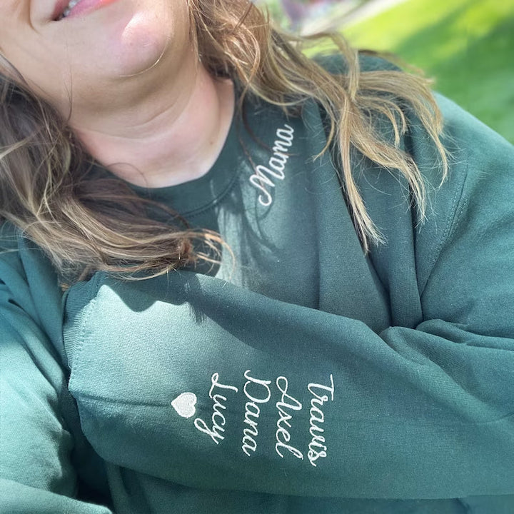 💖Custom Mama Embroidered Sweatshirt with Kids Names sleeve for Mom Mother's Day Birthday Gifts