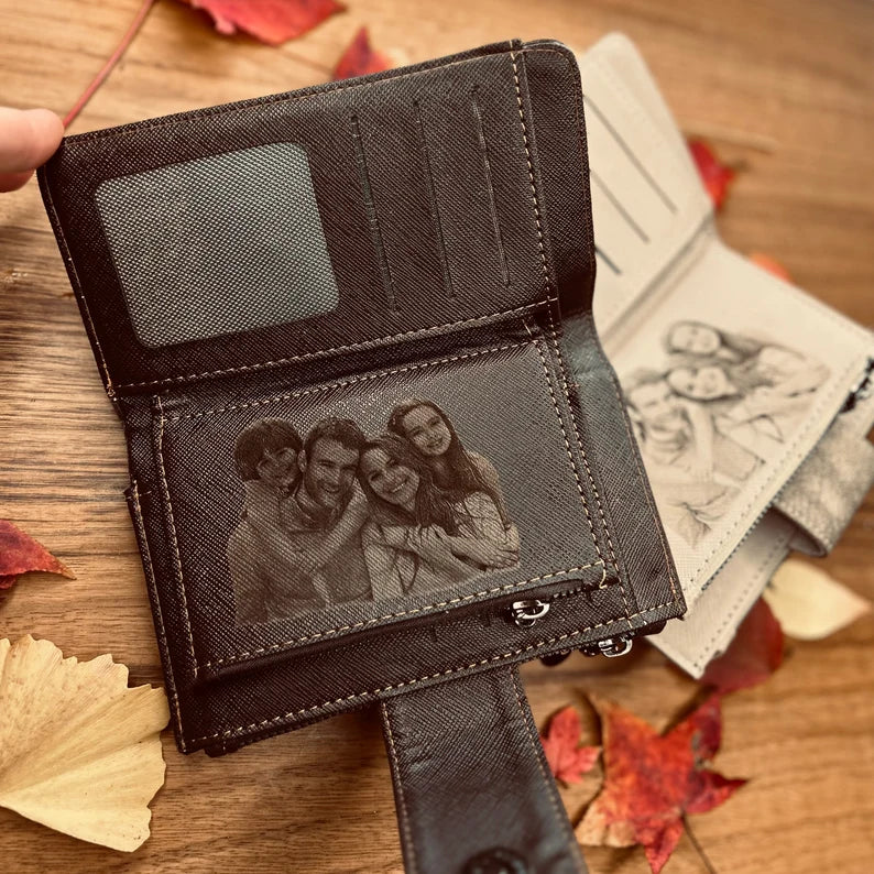 PERSONALIZED MOTHER GIFT, Women's Photo Wallet, Custom Engraved Vegan Leather Long Clutch, Gift For Her