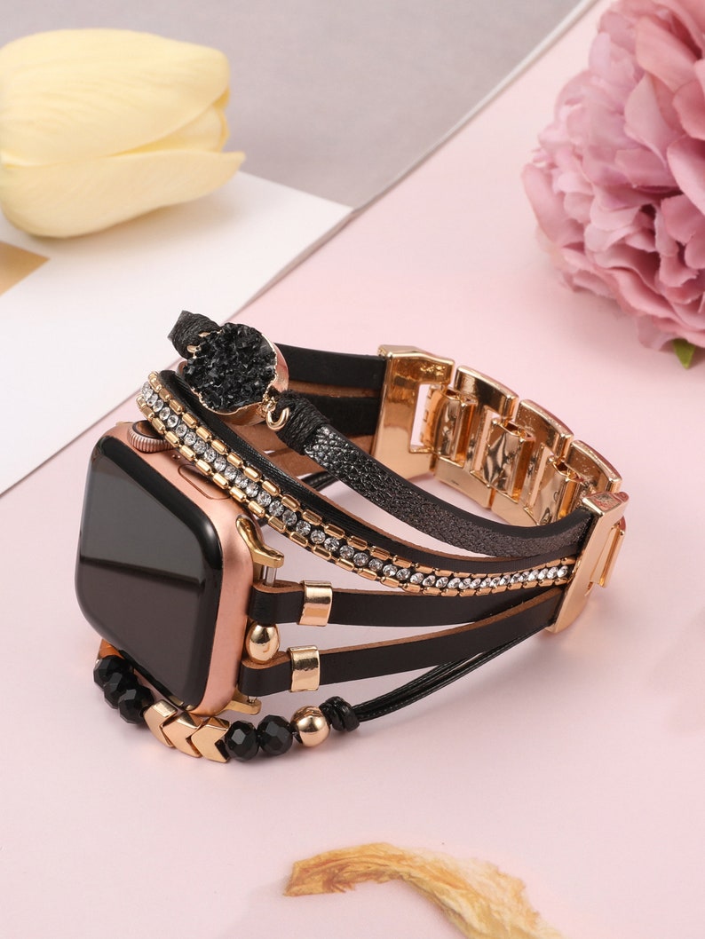 Boho Leather Bracelet for Apple Watch Band Women Leather Multilayer Wrap Strap With Gemstone Crystals for iWatch Series