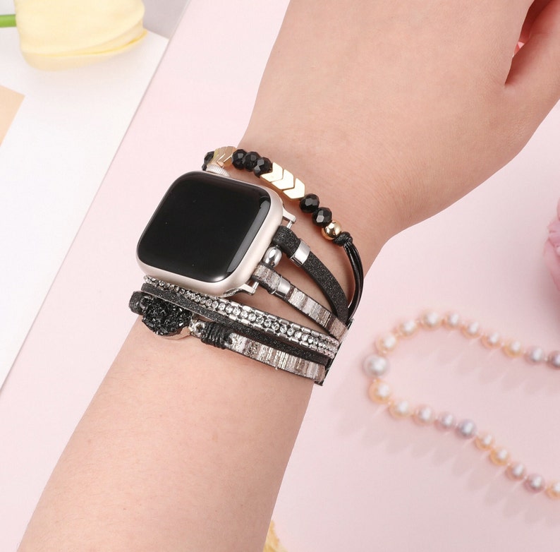 Boho Leather Bracelet for Apple Watch Band Women Leather Multilayer Wrap Strap With Gemstone Crystals for iWatch Series