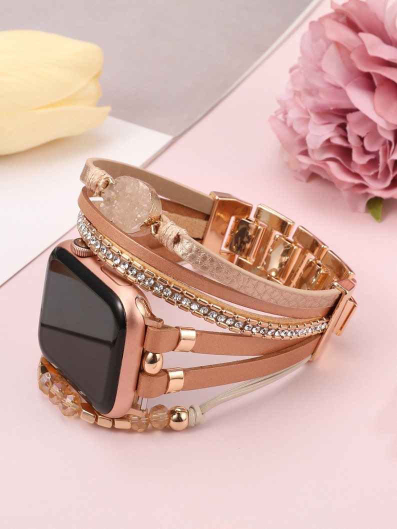 Boho Leather Bracelet for Apple Watch Band Women Leather Multilayer Wrap Strap With Gemstone Crystals for iWatch Series