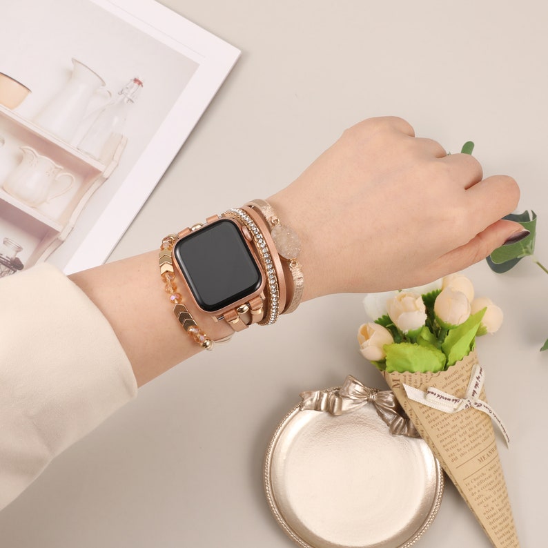 Boho Leather Bracelet for Apple Watch Band Women Leather Multilayer Wrap Strap With Gemstone Crystals for iWatch Series