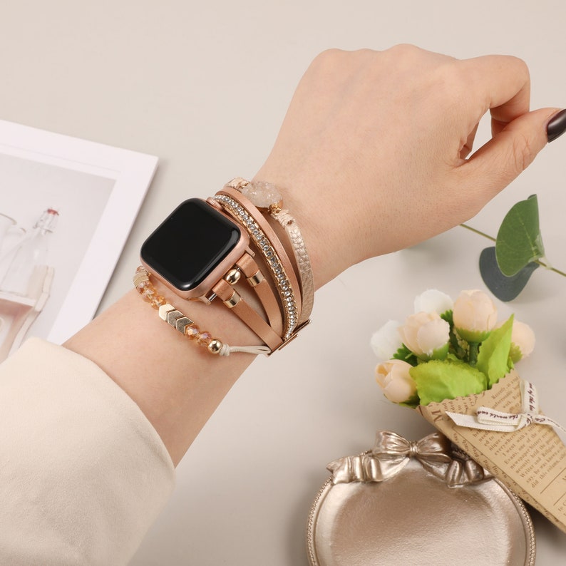 Boho Leather Bracelet for Apple Watch Band Women Leather Multilayer Wrap Strap With Gemstone Crystals for iWatch Series