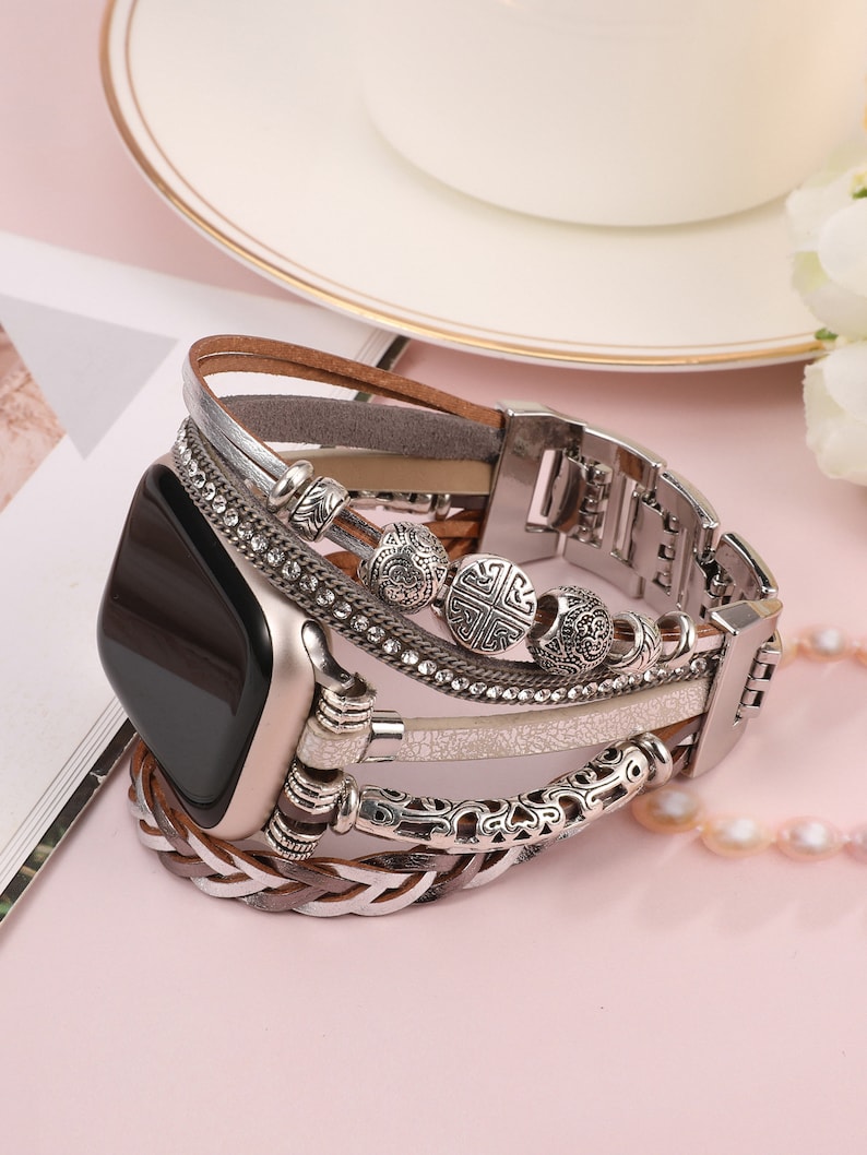 Leather Band for Apple Watch Band Women, Multilayer Boho Bead Wrap Weave Leather Strap for iWatch Band Series