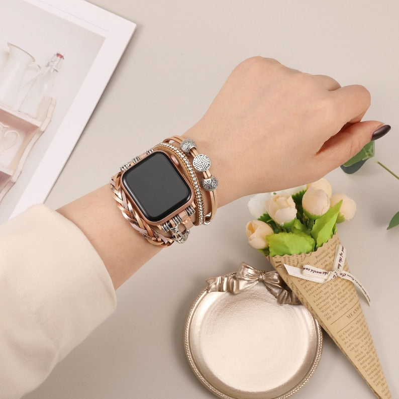 Leather Band for Apple Watch Band Women, Multilayer Boho Bead Wrap Weave Leather Strap for iWatch Band Series