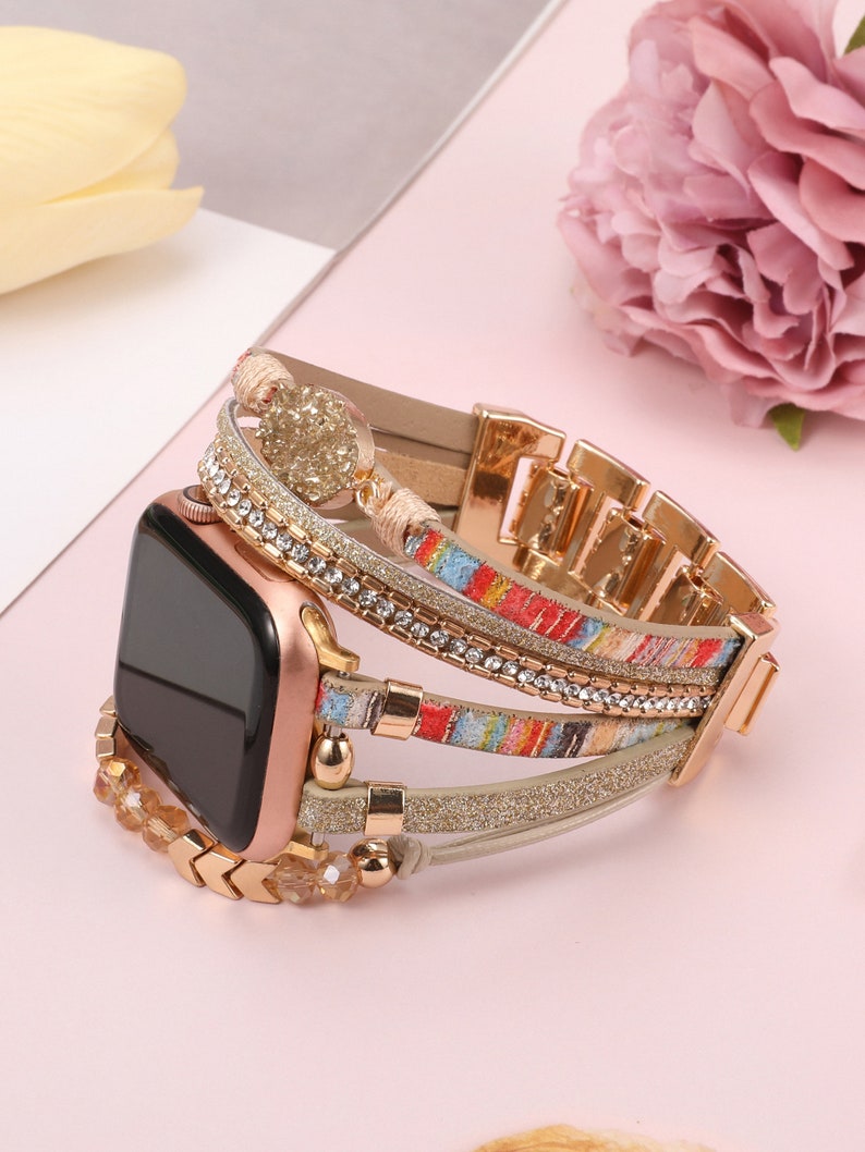 Boho Leather Bracelet for Apple Watch Band Women Leather Multilayer Wrap Strap With Gemstone Crystals for iWatch Series