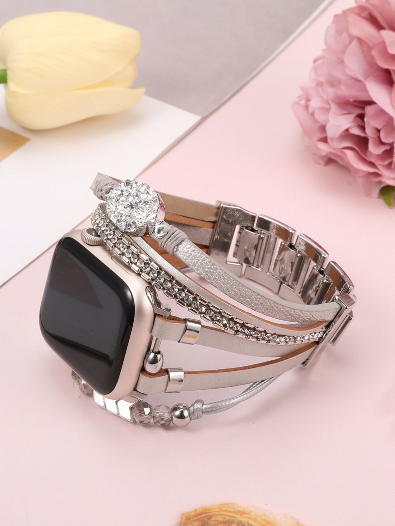 Boho Leather Bracelet for Apple Watch Band Women Leather Multilayer Wrap Strap With Gemstone Crystals for iWatch Series