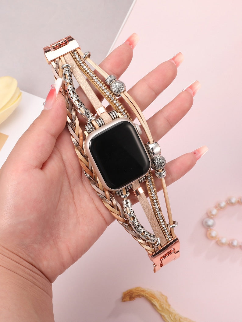 Leather Band for Apple Watch Band Women, Multilayer Boho Bead Wrap Weave Leather Strap for iWatch Band Series