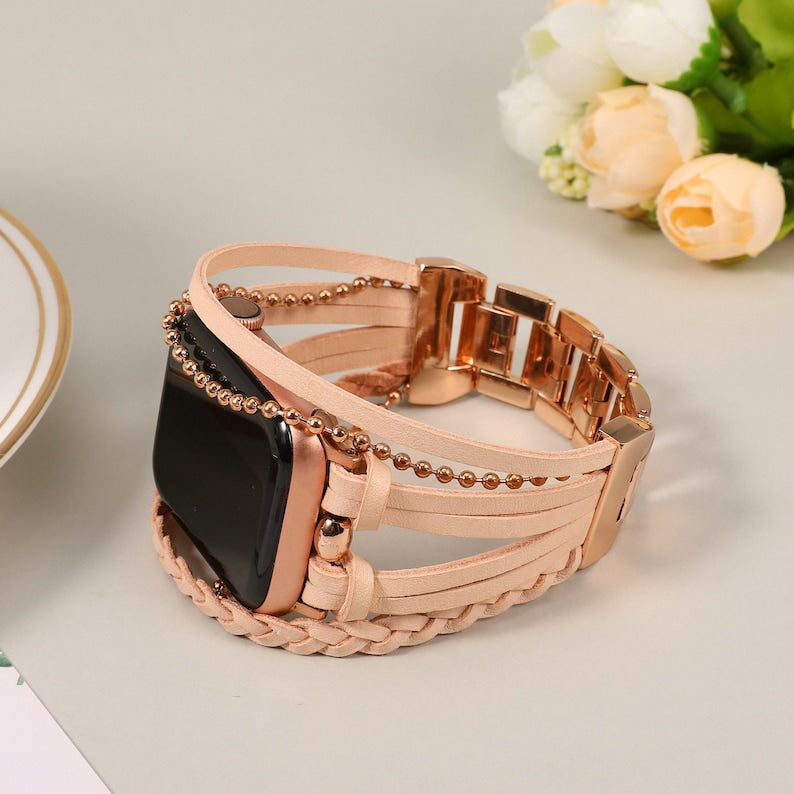 Leather for Apple Watch Band Women , Handcrafted Boho Braided Bracelets Multilayer Wrap Strap for iWatch Band