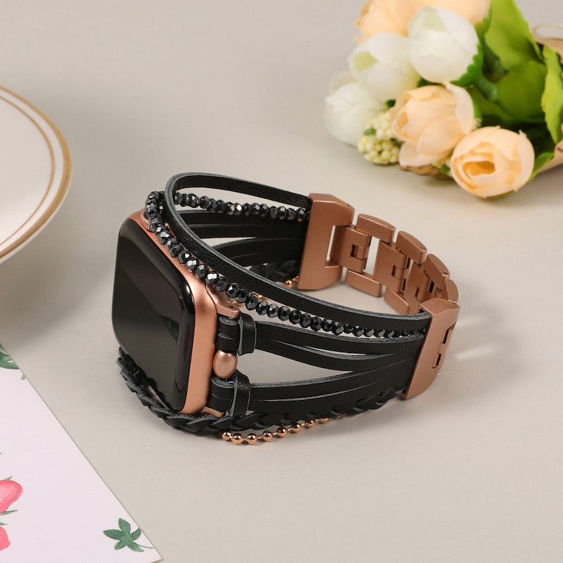 Leather for Apple Watch Band Women , Handcrafted Boho Braided Bracelets Multilayer Wrap Strap for iWatch Band