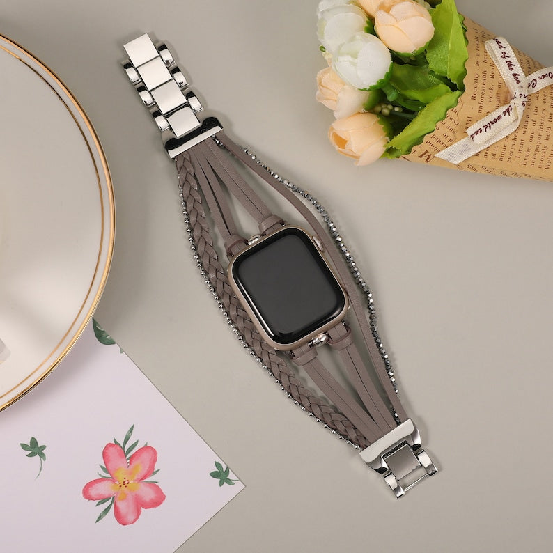 Leather for Apple Watch Band Women , Handcrafted Boho Braided Bracelets Multilayer Wrap Strap for iWatch Band