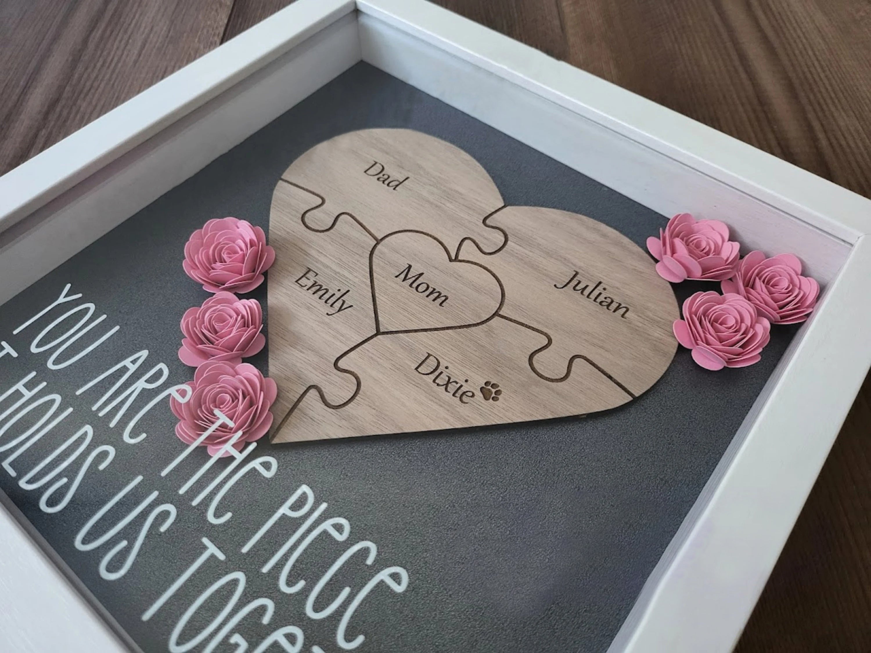 Mother's Day Gift, Personalized Mom Flower Shadow Box, Puzzle Piece Mom Sign, Gift Wrapped (Customized free)