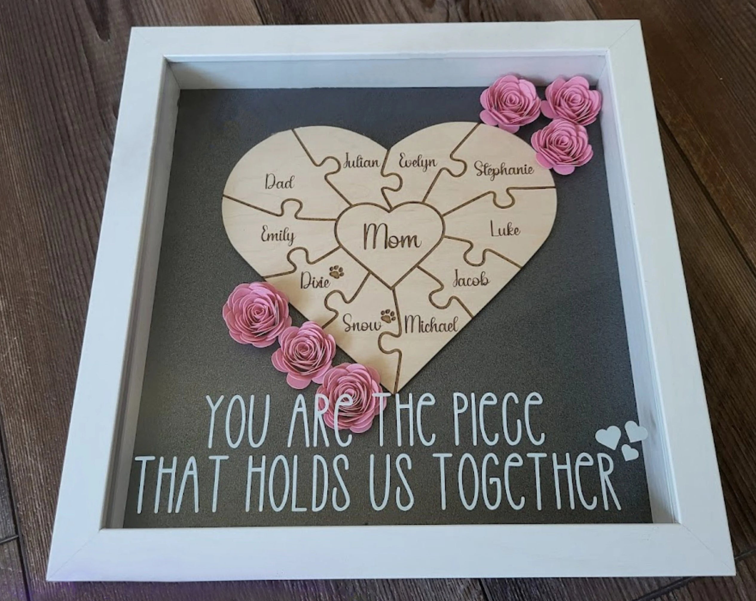 Mother's Day Gift, Personalized Mom Flower Shadow Box, Puzzle Piece Mom Sign, Gift Wrapped (Customized free)