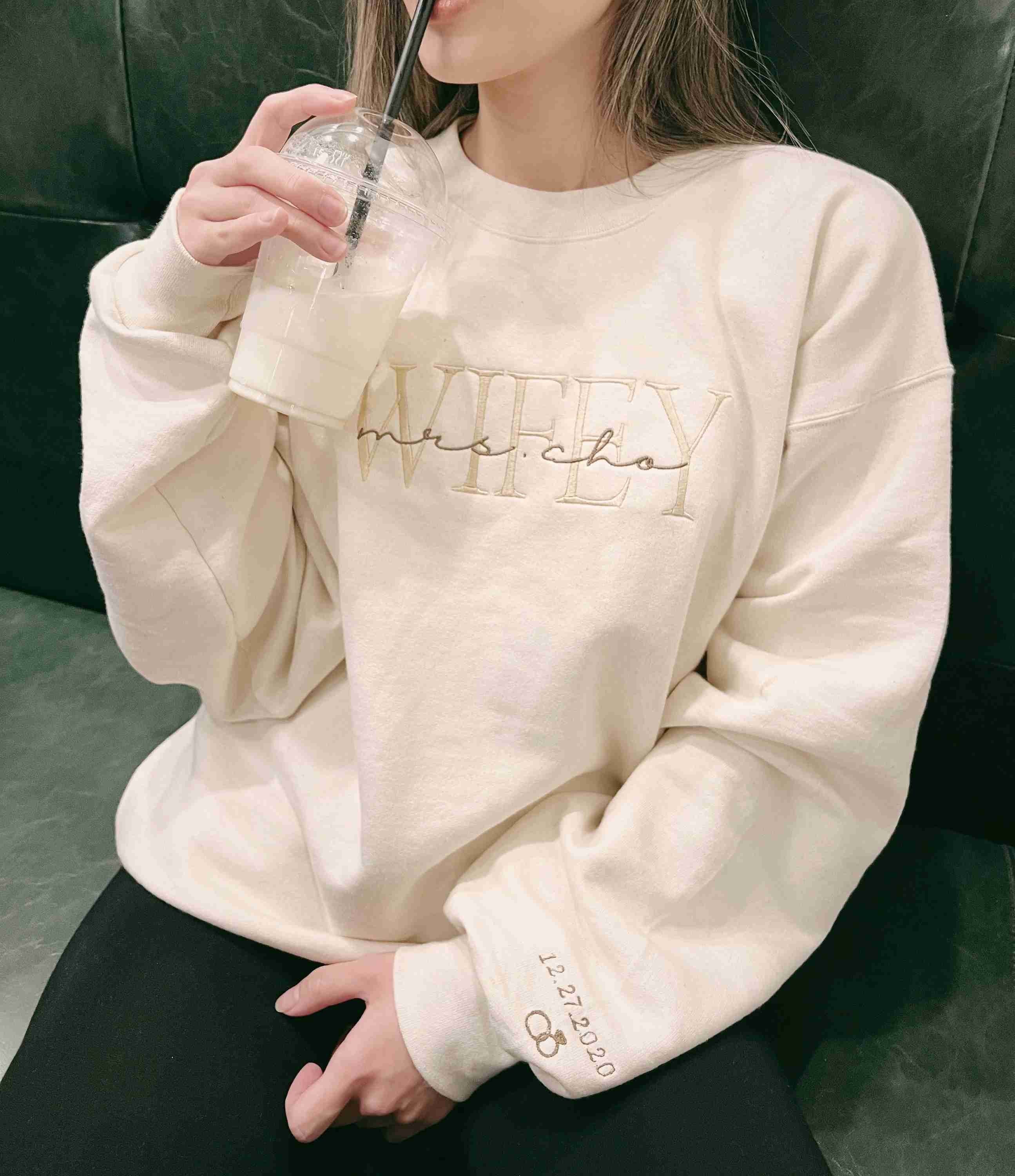 Personalized Embroidered Wife Sweatshirt Custom Last Name Crewneck