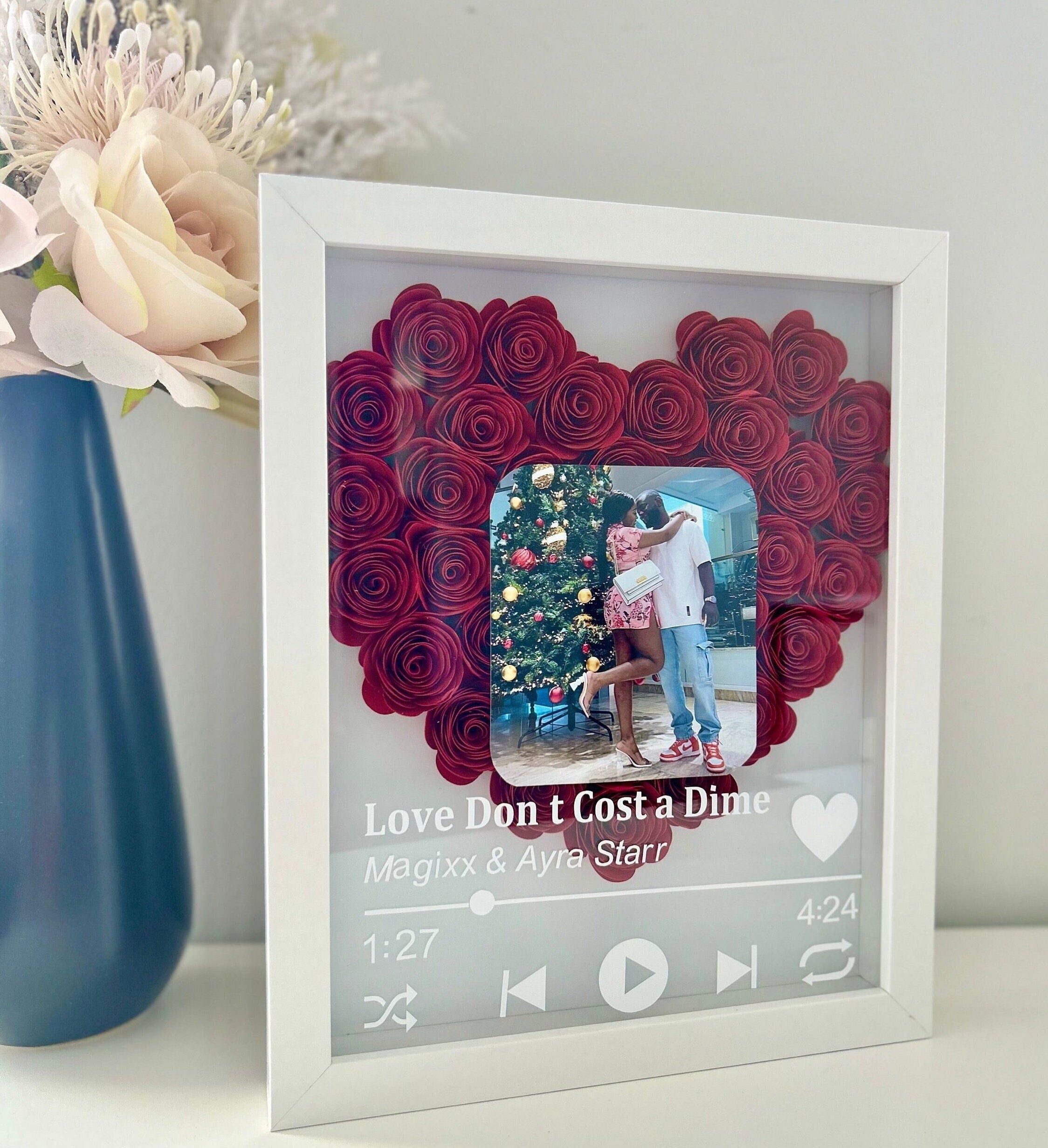 Personalized Roses Flower Shadow Box With Couple Photo For Wedding Anniversary Valentine's Day