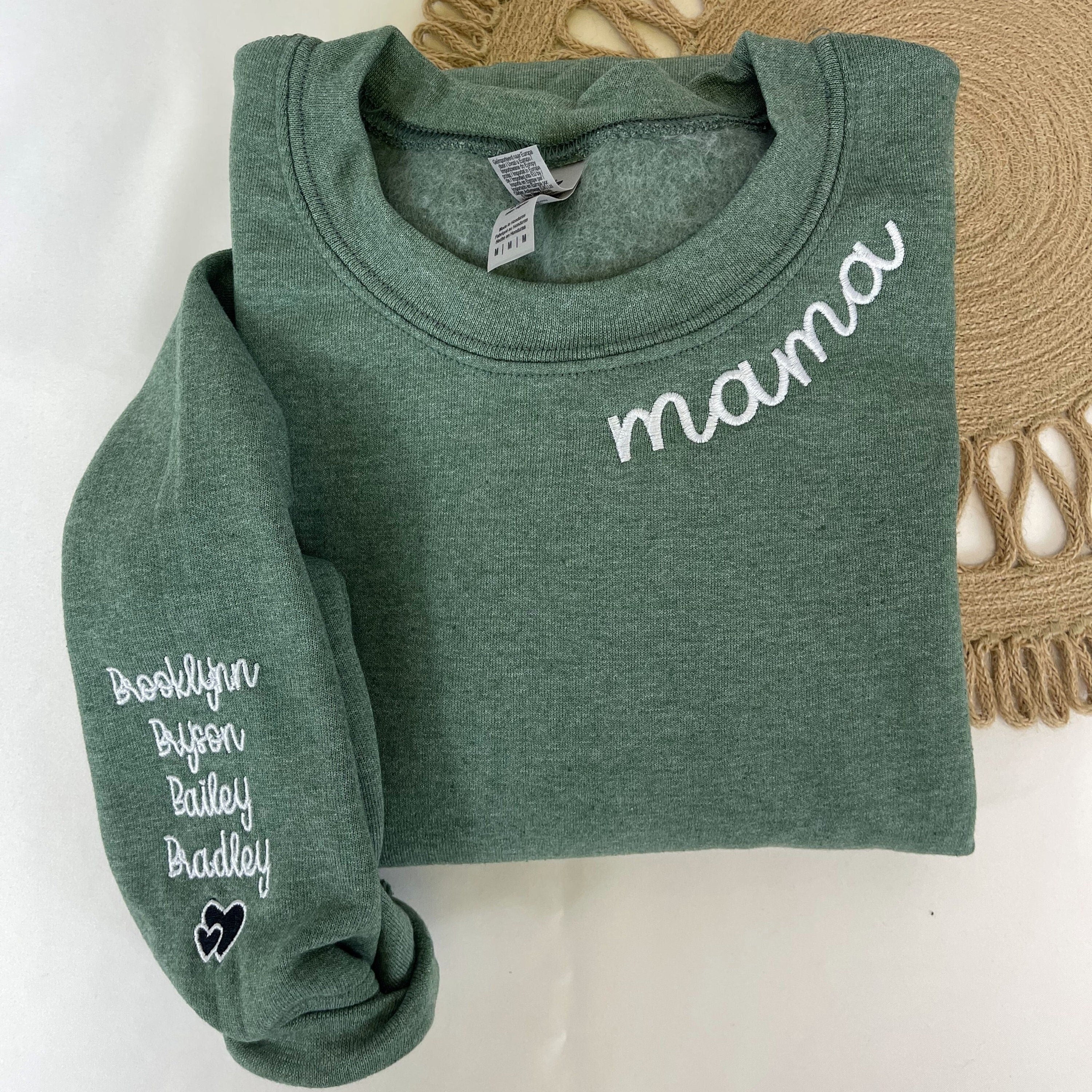 💖Custom Mama Embroidered Sweatshirt with Kids Names sleeve for Mom Mother's Day Birthday Gifts