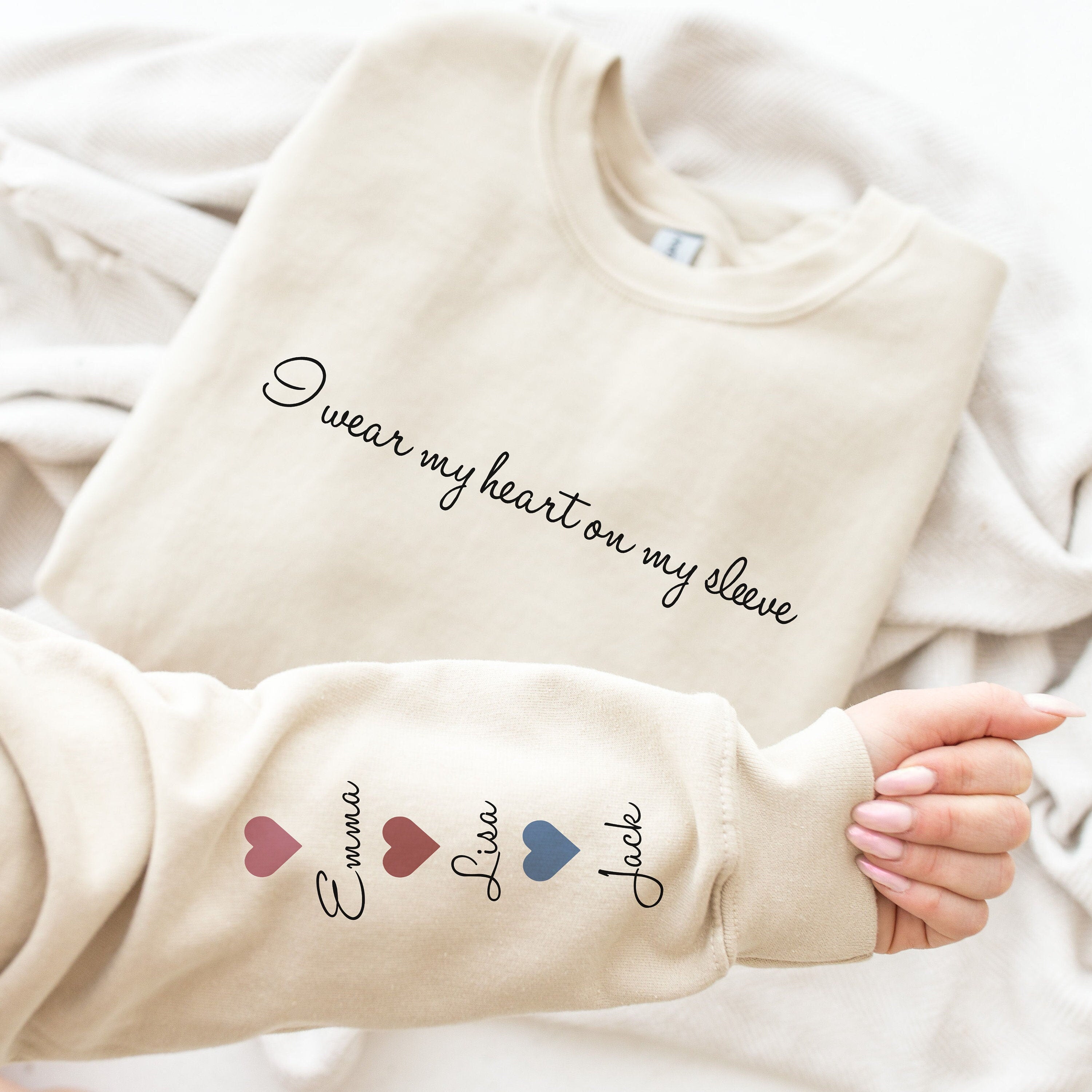 Personalized Mom Sweatshirt With Kid Names,Mom Sweatshirt,I Wear My Heart On My Sleeve,Mama Sweatshirt,Mothers Day Gift,Kids Names On Sleeve