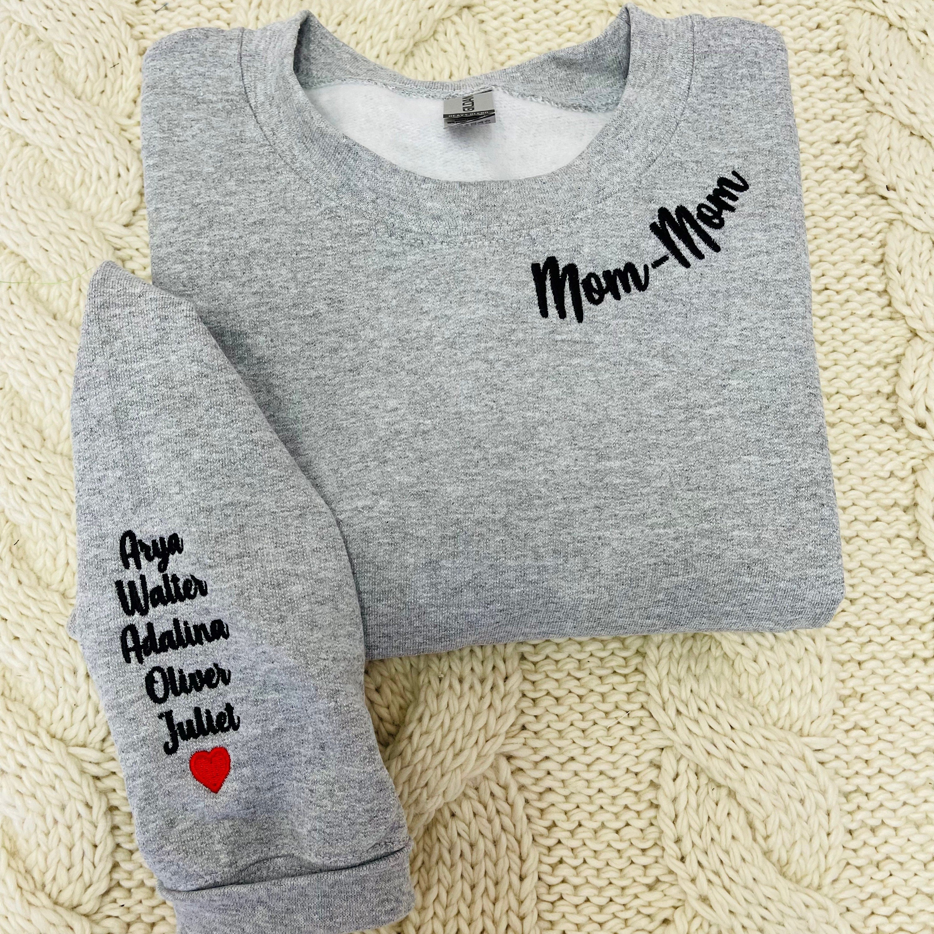 💖Custom Mama Embroidered Sweatshirt with Kids Names sleeve for Mom Mother's Day Birthday Gifts