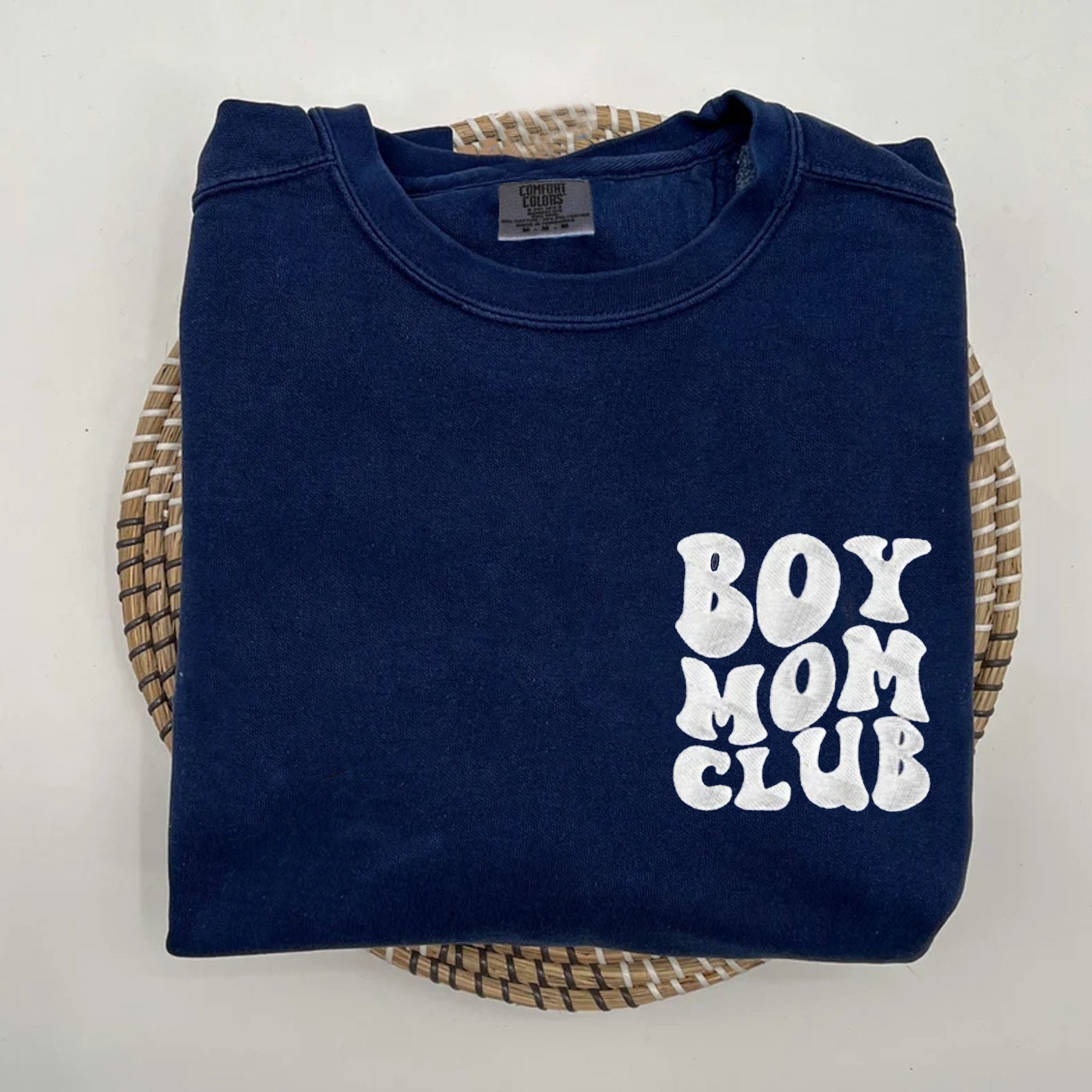 Boy Mom Club Embroidery Sweatshirt with Kids Name on Sleeve, Baby Shower Gift for Mom