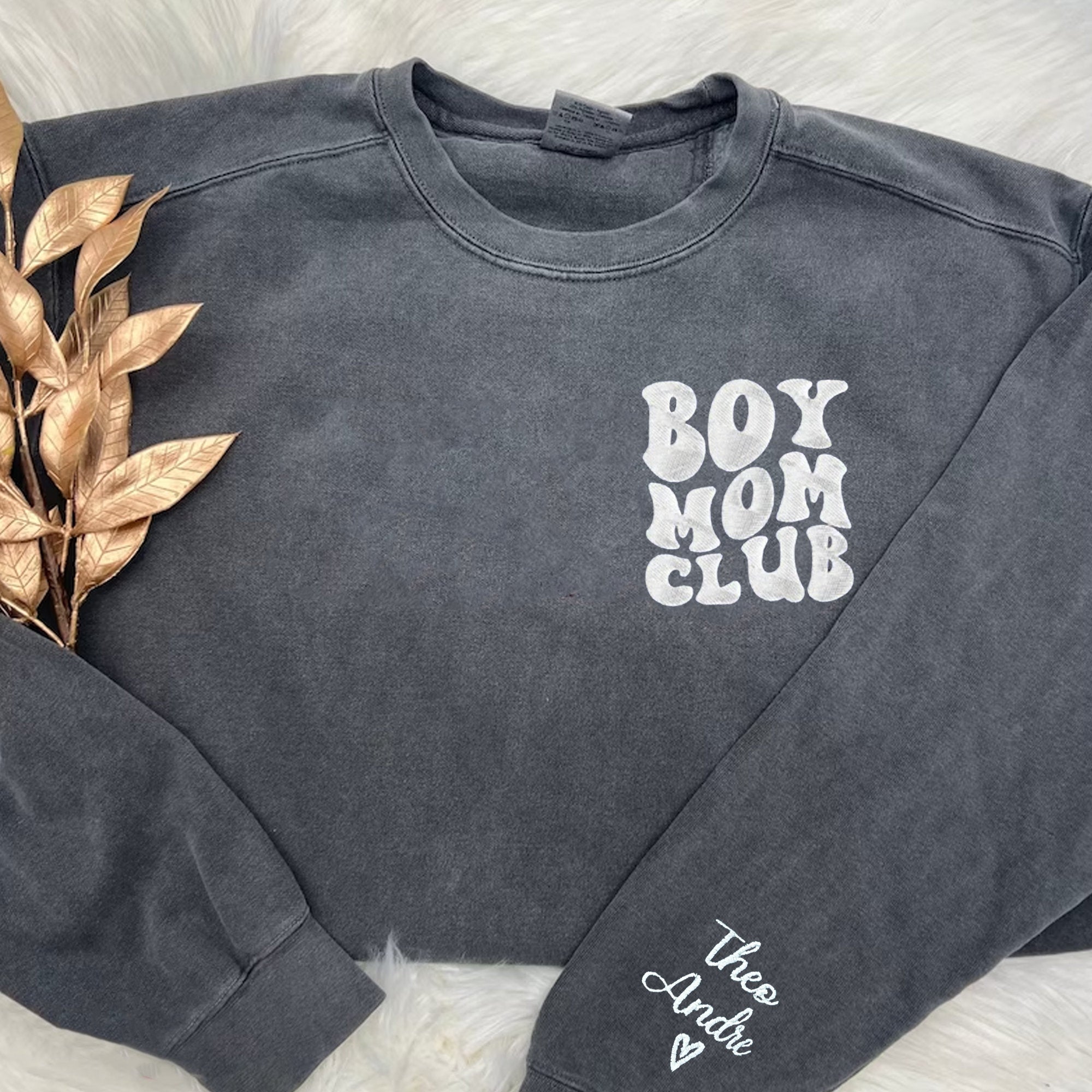 Boy Mom Club Embroidery Sweatshirt with Kids Name on Sleeve, Baby Shower Gift for Mom