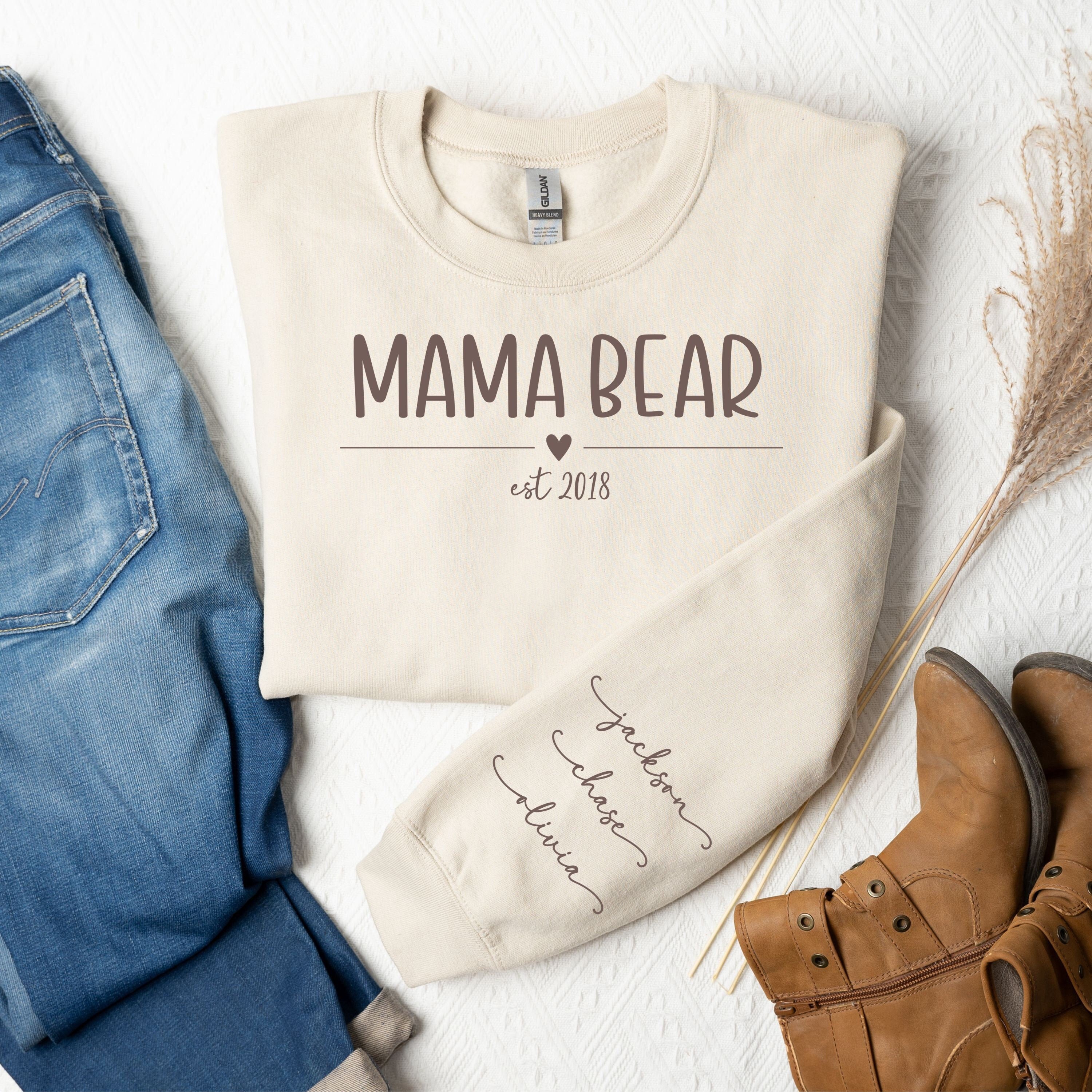 Mama Bear Sweatshirt with kids names on the sleeve, Custom gift for mom, Mom gift, Gift for New Mom, Mama Bear, Personalized Mama Sweatshirt