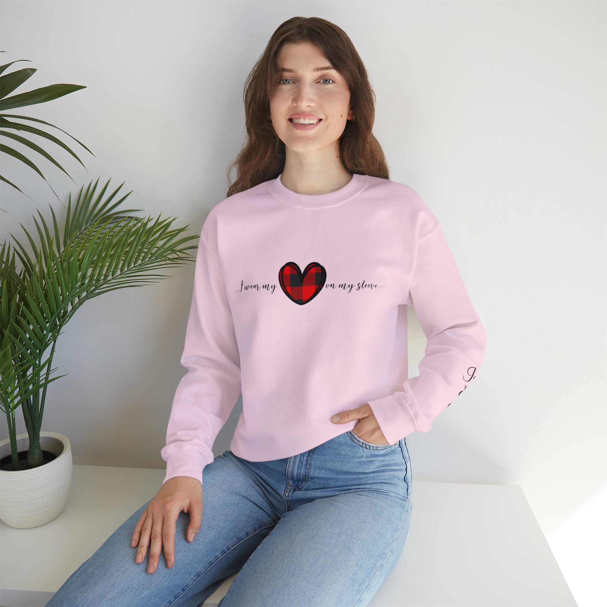 I Wear My Heart Sweatshirt with names heart on sleeve print, Loved ones Sweatshirt, Gift for mom or grandma, Crewneck