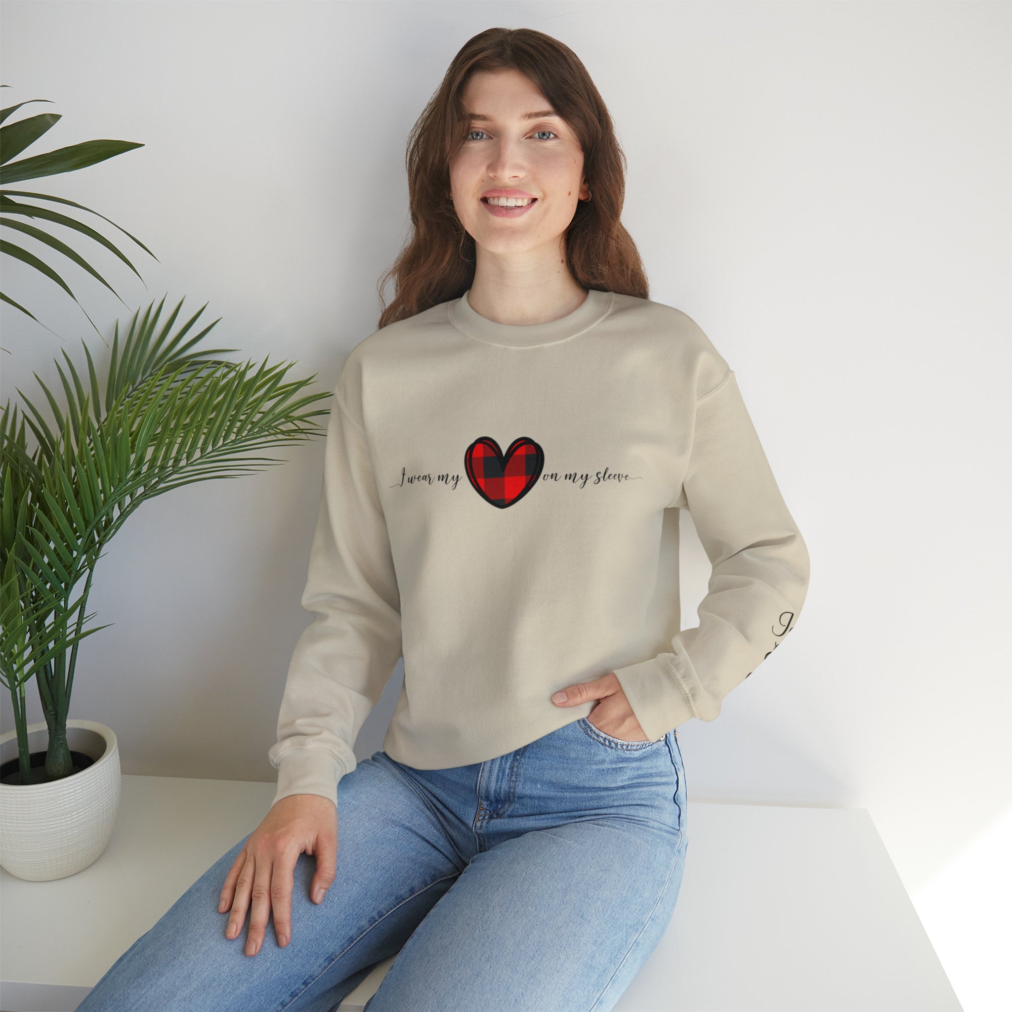 I Wear My Heart Sweatshirt with names heart on sleeve print, Loved ones Sweatshirt, Gift for mom or grandma, Crewneck