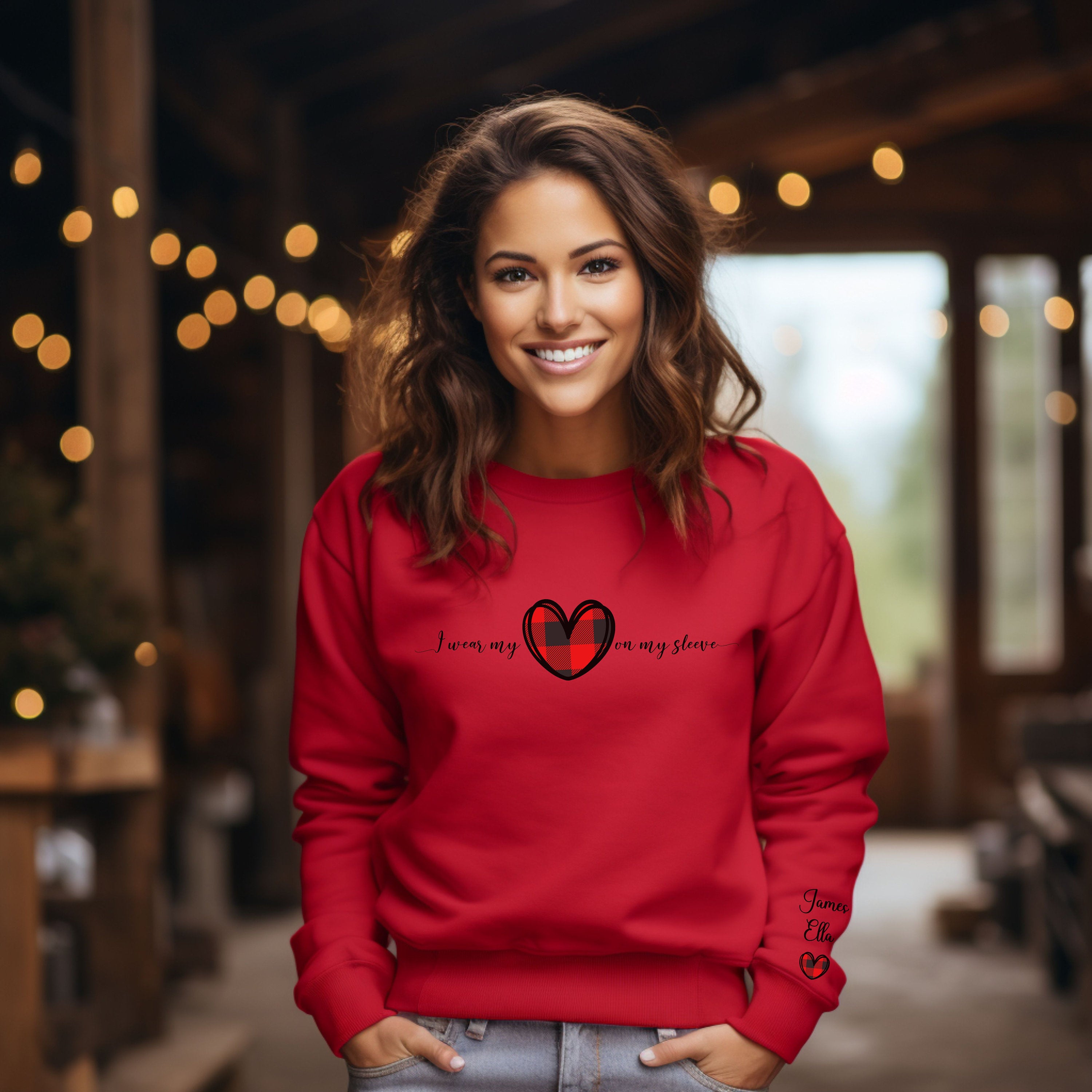 I Wear My Heart Sweatshirt with names heart on sleeve print, Loved ones Sweatshirt, Gift for mom or grandma, Crewneck