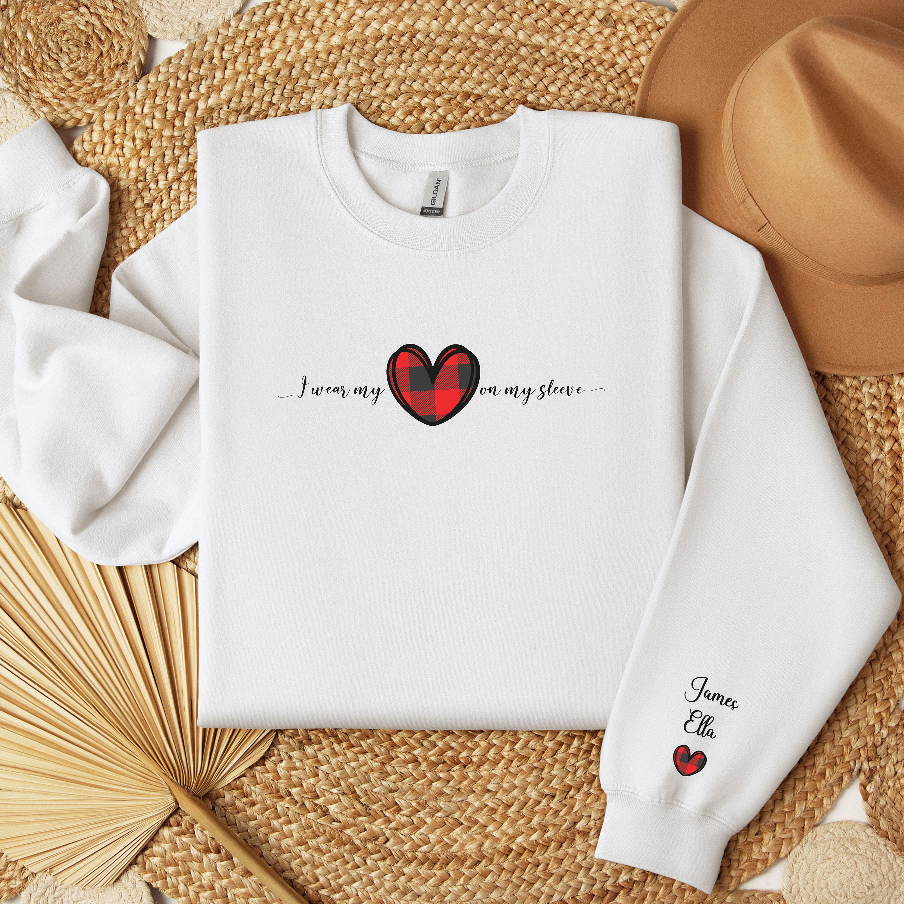 I Wear My Heart Sweatshirt with names heart on sleeve print, Loved ones Sweatshirt, Gift for mom or grandma, Crewneck