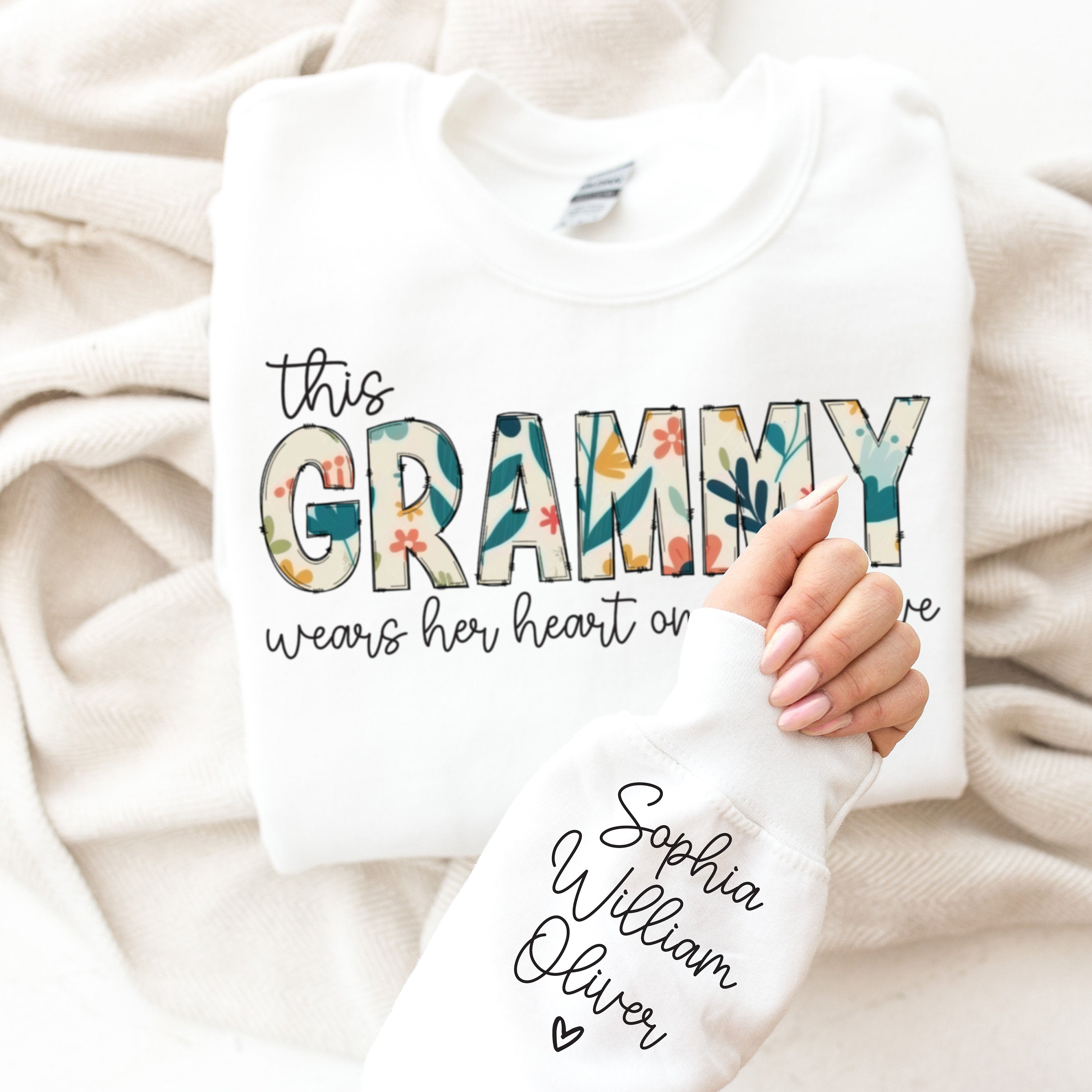 Grammy Sweatshirt with Grandkids Names on Sleeve, Christmas Gift for Grandma, Custom Sweatshirt for Grammy, I Wear My Heart On My Sleeve