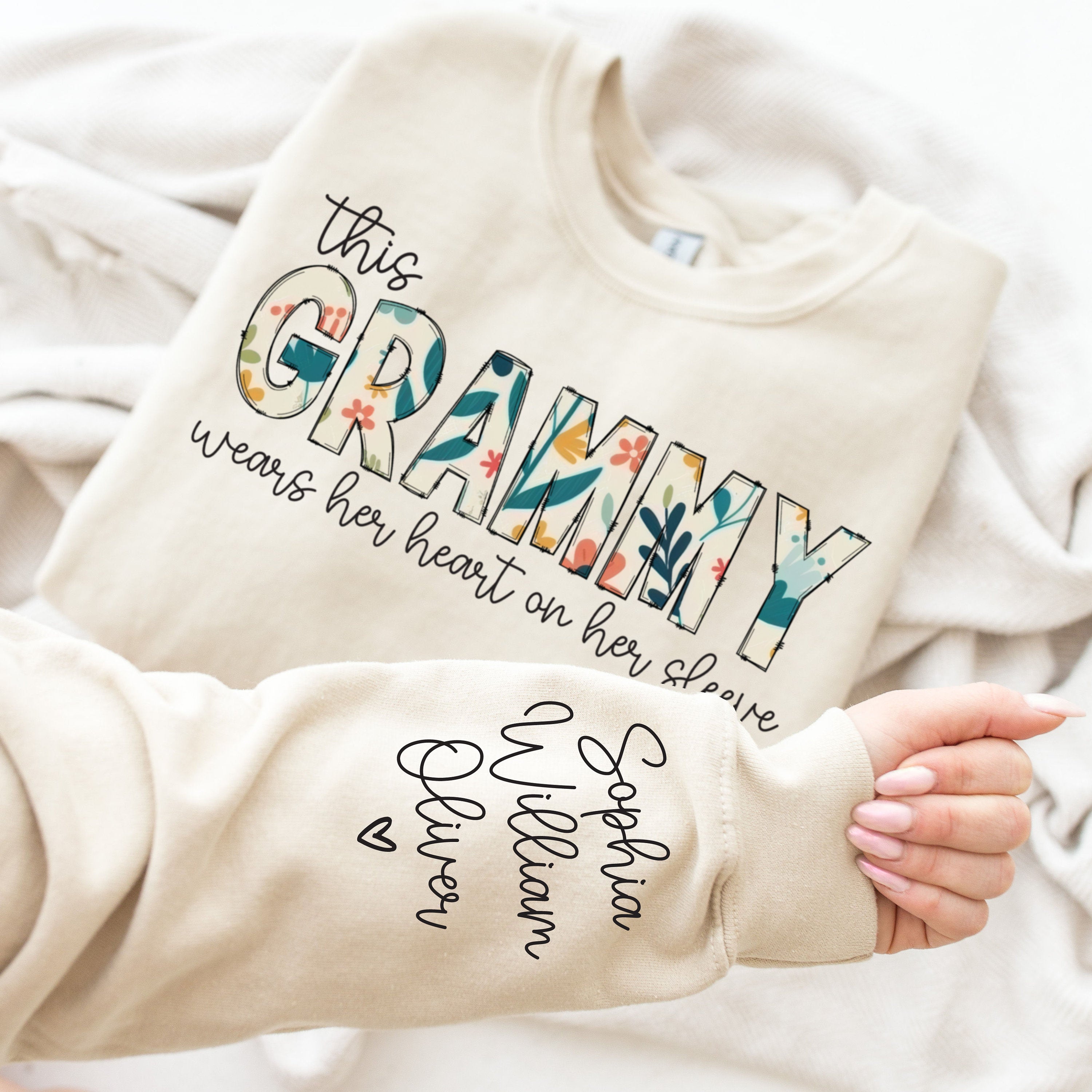 Grammy Sweatshirt with Grandkids Names on Sleeve, Christmas Gift for Grandma, Custom Sweatshirt for Grammy, I Wear My Heart On My Sleeve