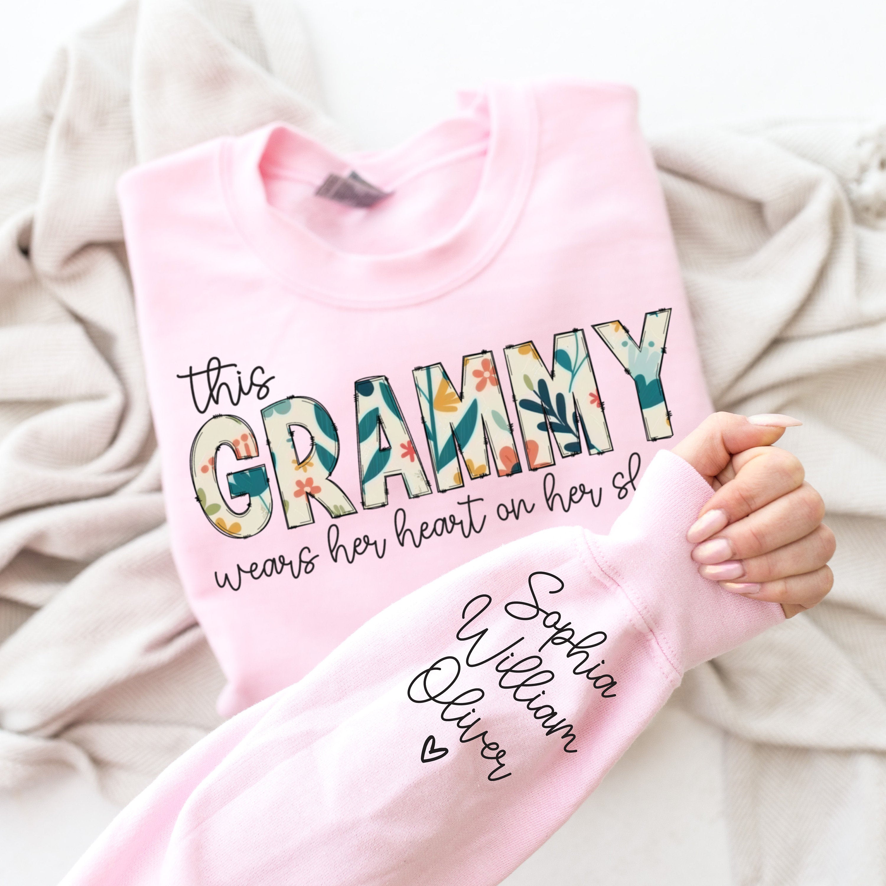 Grammy Sweatshirt with Grandkids Names on Sleeve, Christmas Gift for Grandma, Custom Sweatshirt for Grammy, I Wear My Heart On My Sleeve