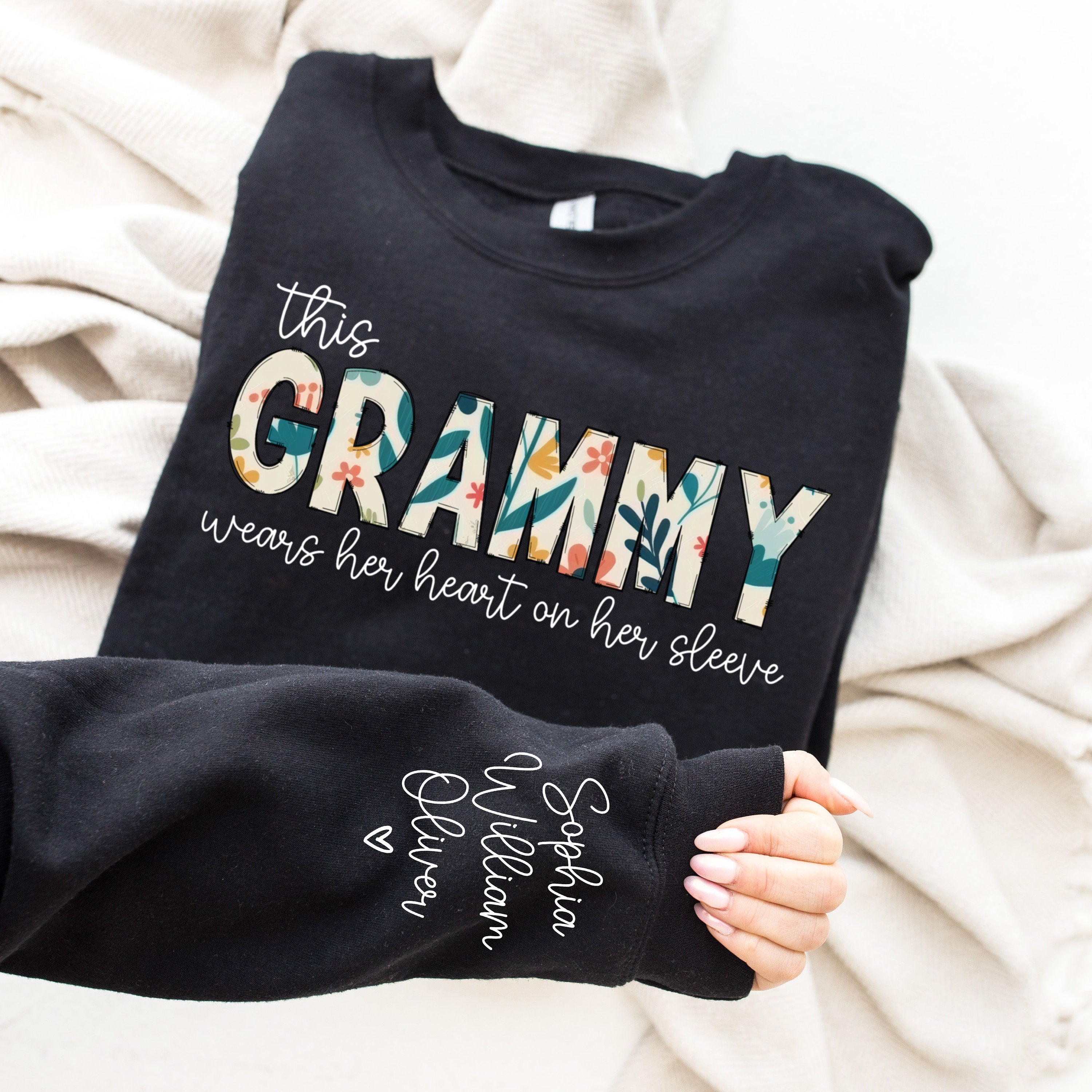 Grammy Sweatshirt with Grandkids Names on Sleeve, Christmas Gift for Grandma, Custom Sweatshirt for Grammy, I Wear My Heart On My Sleeve